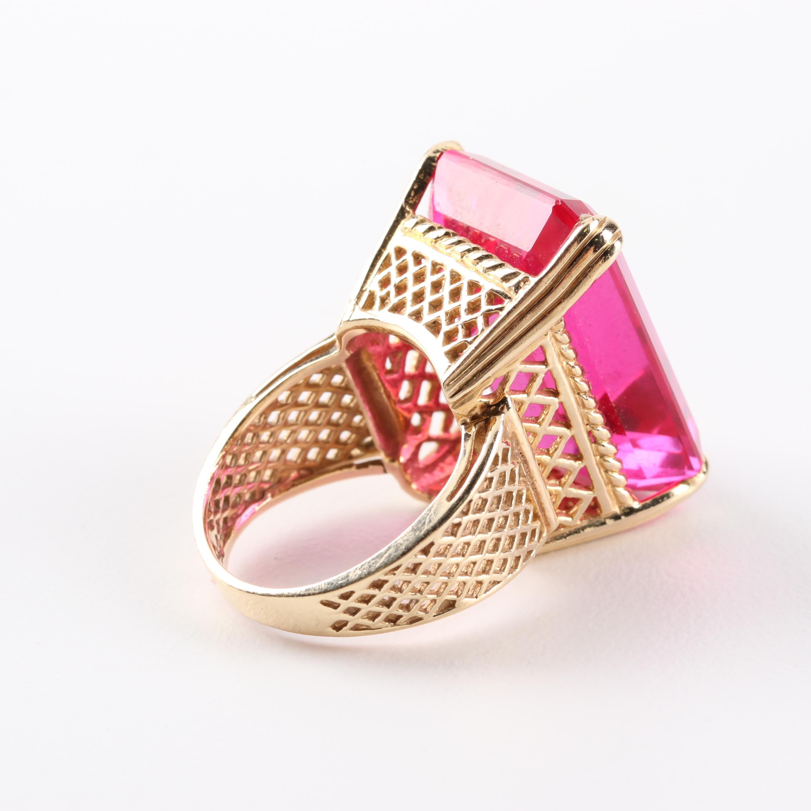 14K Yellow Gold and 44.78 CT Synthetic Pink Sapphire Cocktail Ring
