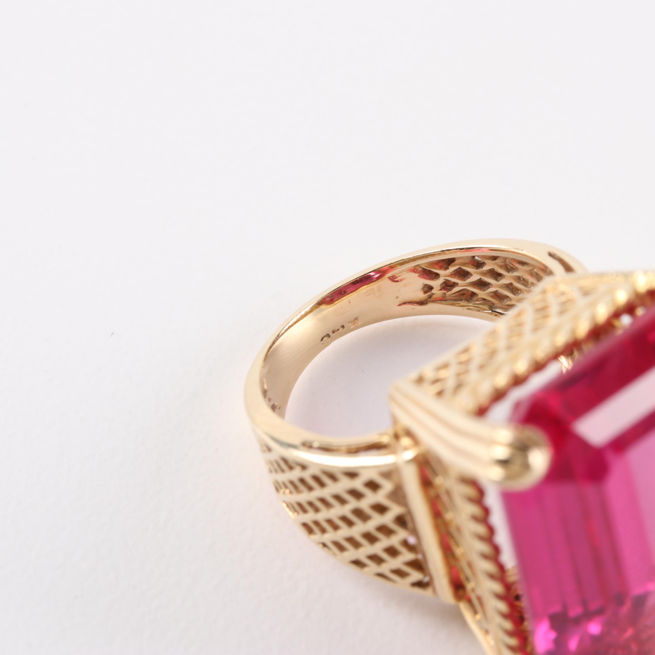 14K Yellow Gold and 44.78 CT Synthetic Pink Sapphire Cocktail Ring