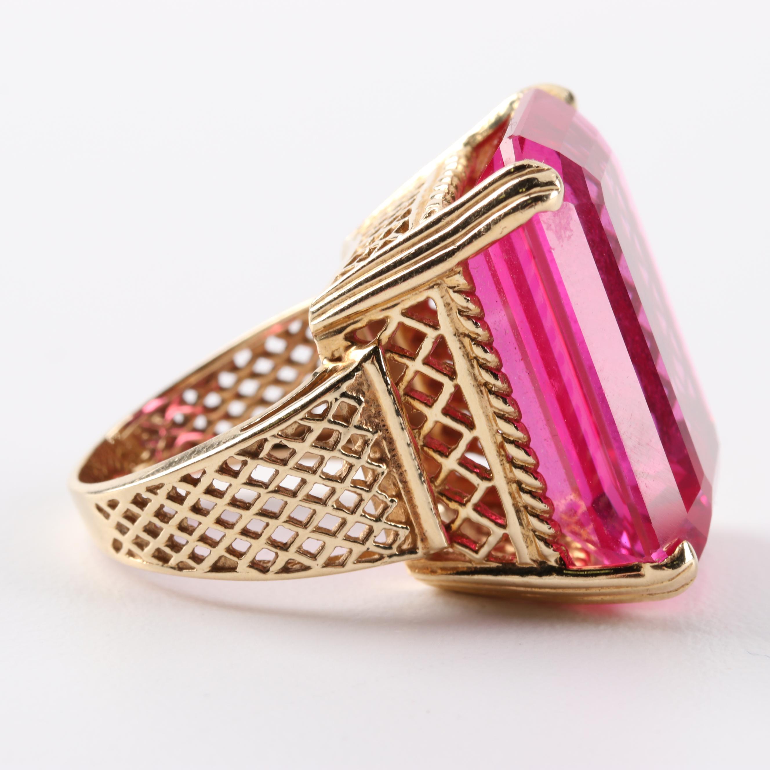 14K Yellow Gold and 44.78 CT Synthetic Pink Sapphire Cocktail Ring