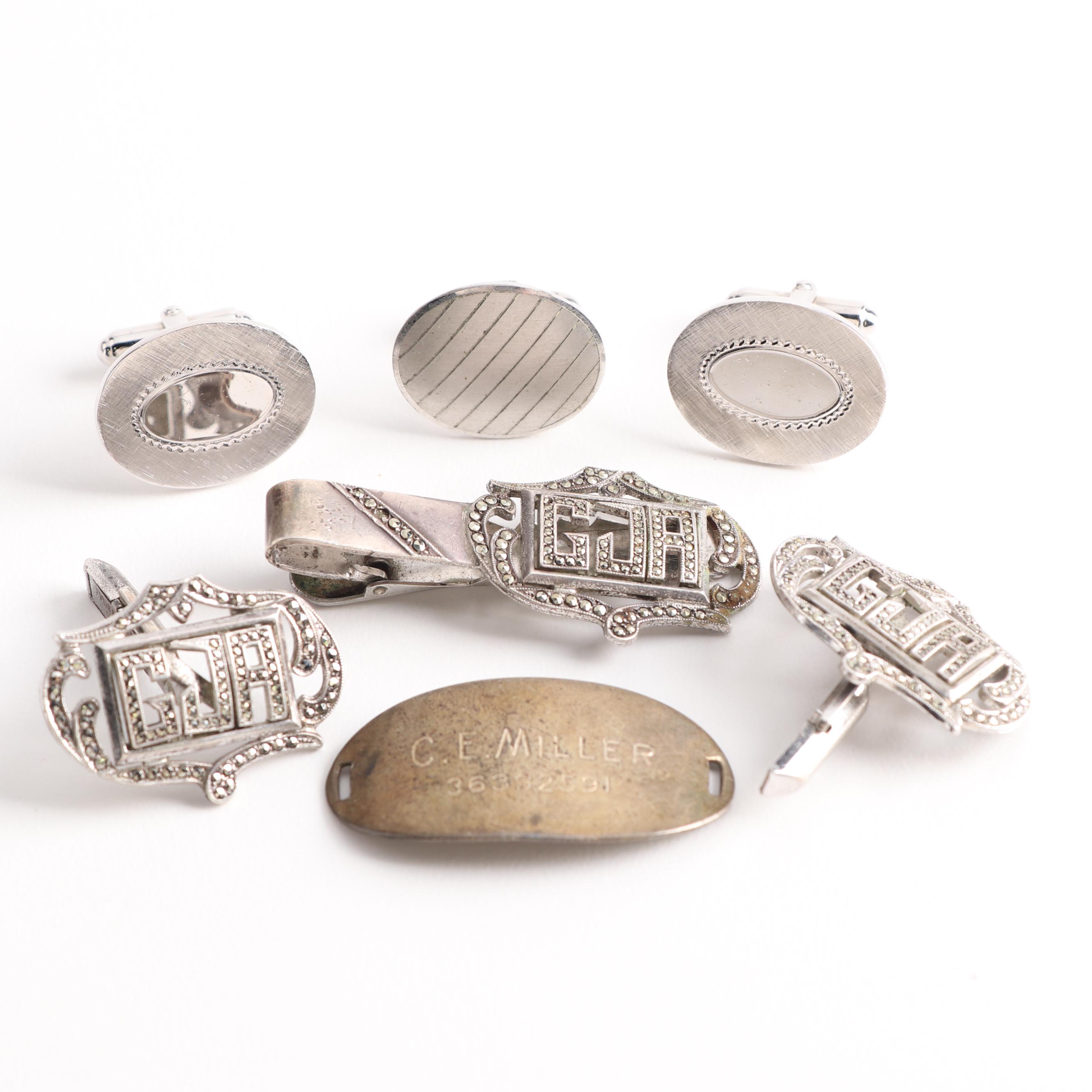 Sterling Silver Cuff Links, Tie Bar, and Name Plate