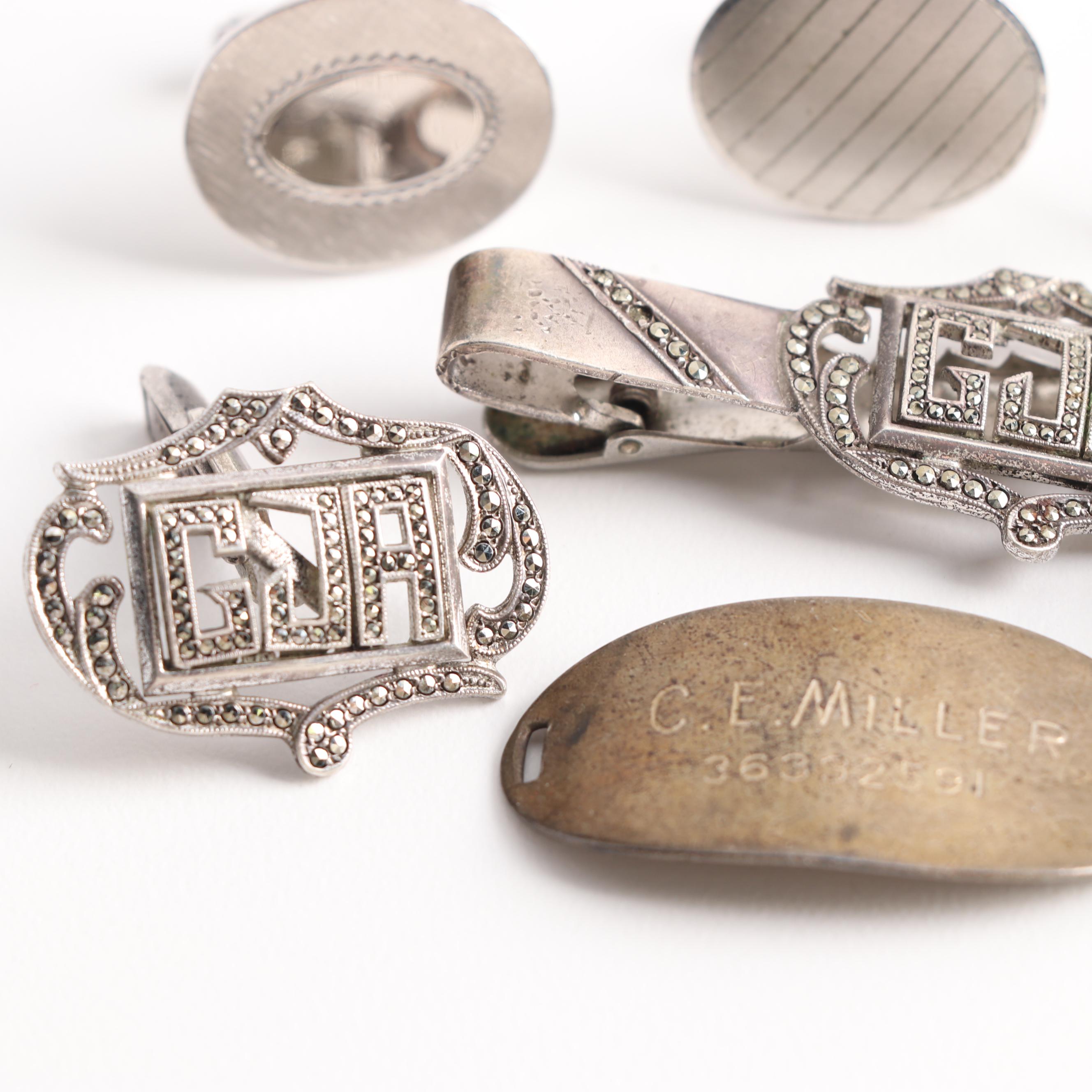 Sterling Silver Cuff Links, Tie Bar, and Name Plate