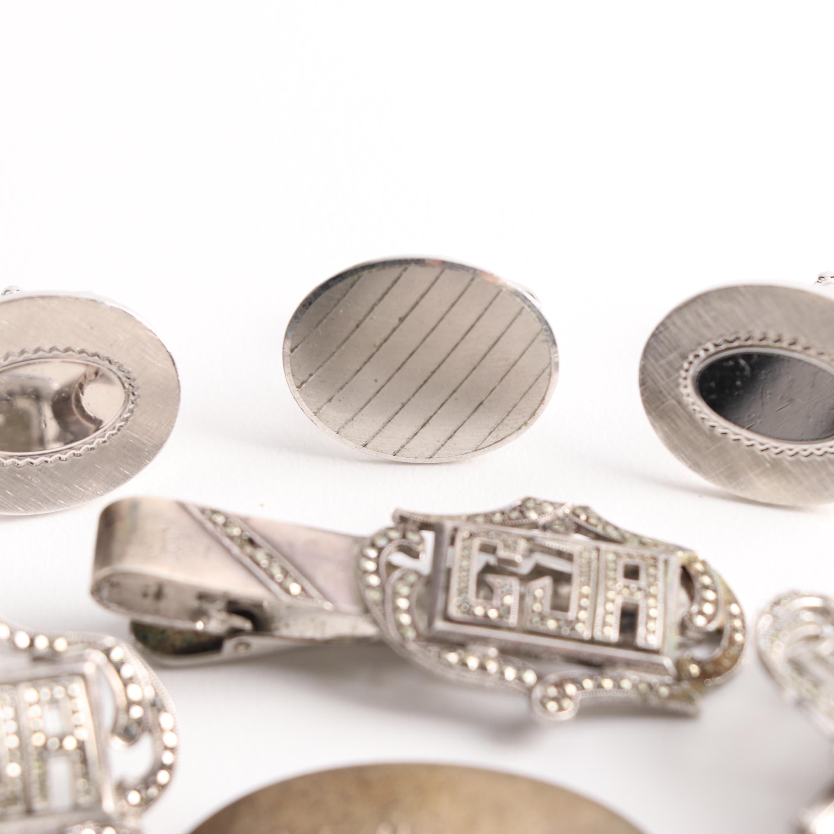 Sterling Silver Cuff Links, Tie Bar, and Name Plate