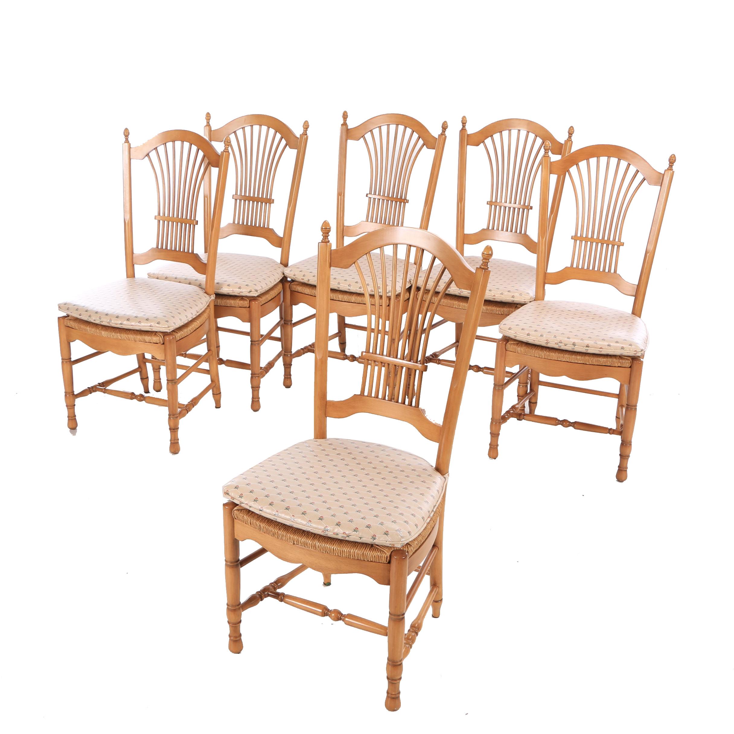 French Provincial Style Maple Wheat Sheaf Back Dining Chairs with Rushed Seats