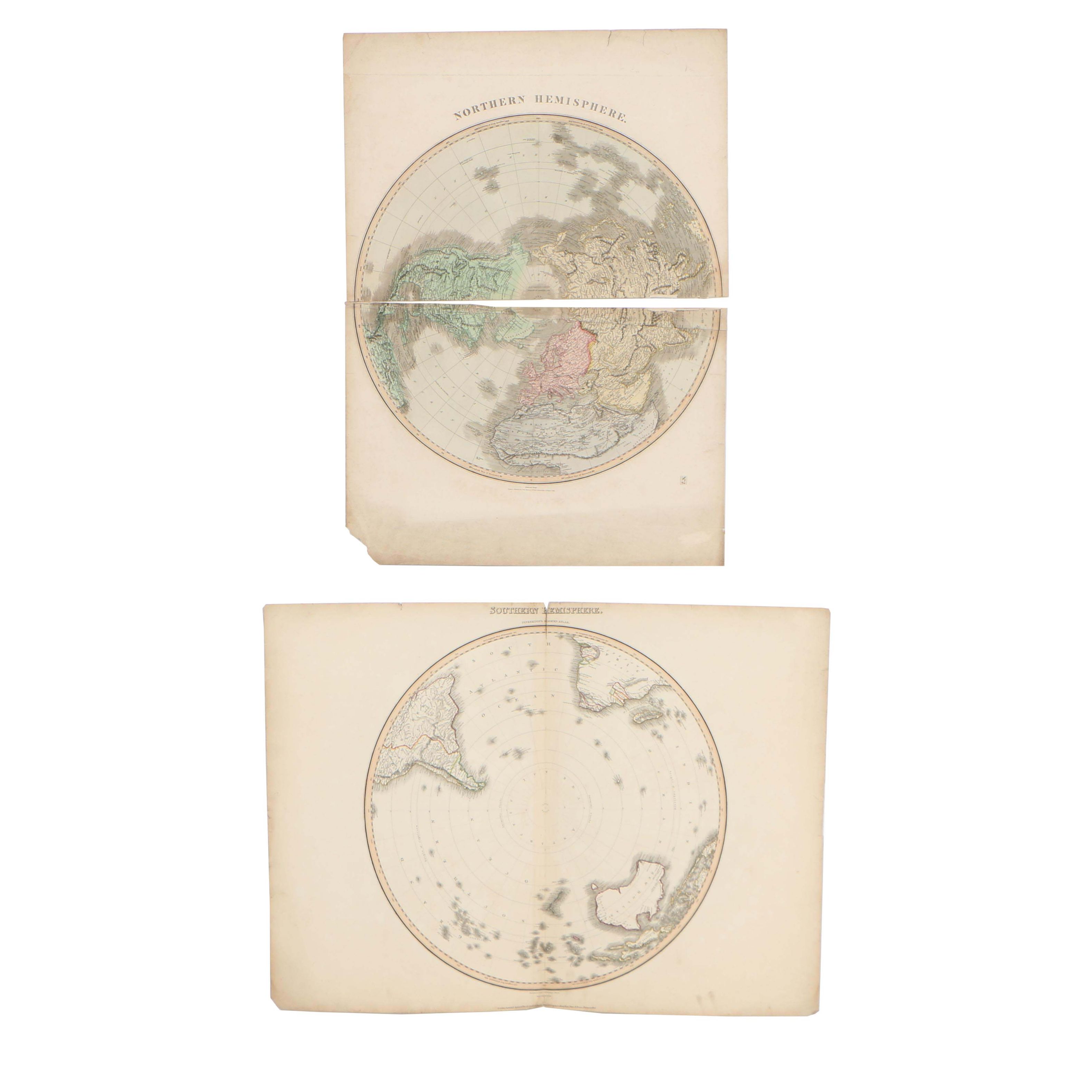 Hand-Colored Map Etchings "Northern Hemisphere" and "Southern Hemisphere"