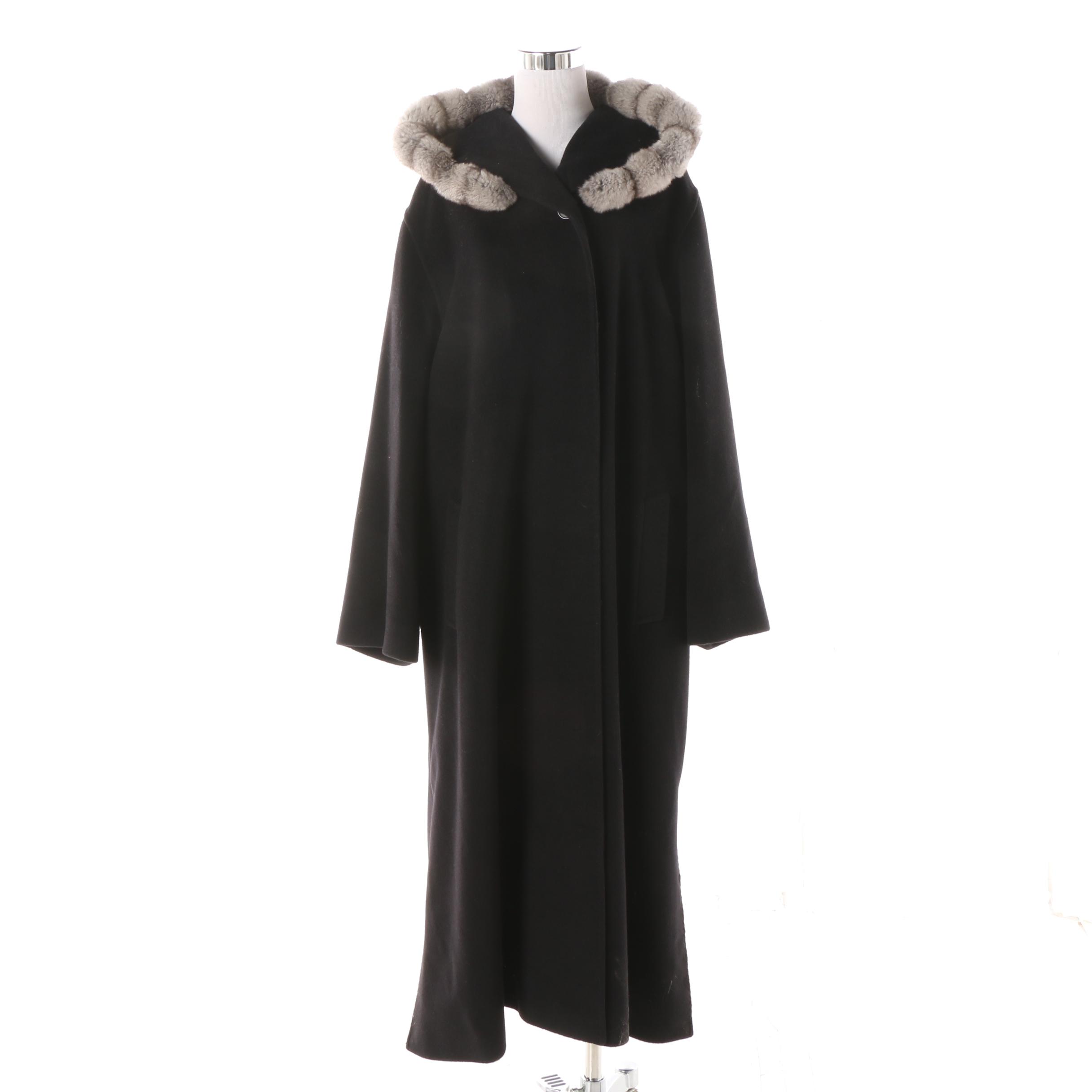 Women's Cinza Rocca Black Wool Hooded Coat with Chinchilla Fur Trim