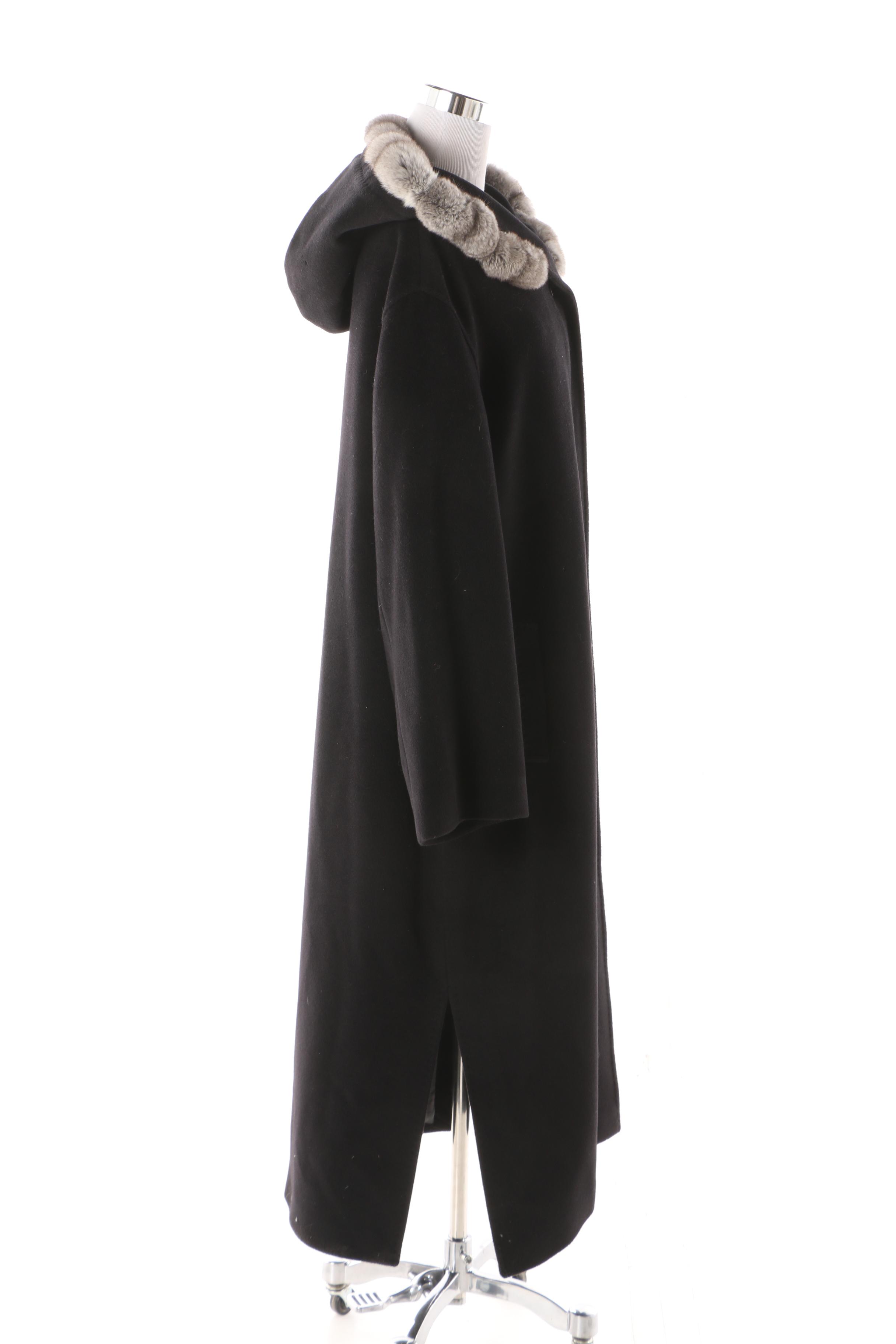 Women's Cinza Rocca Black Wool Hooded Coat with Chinchilla Fur Trim