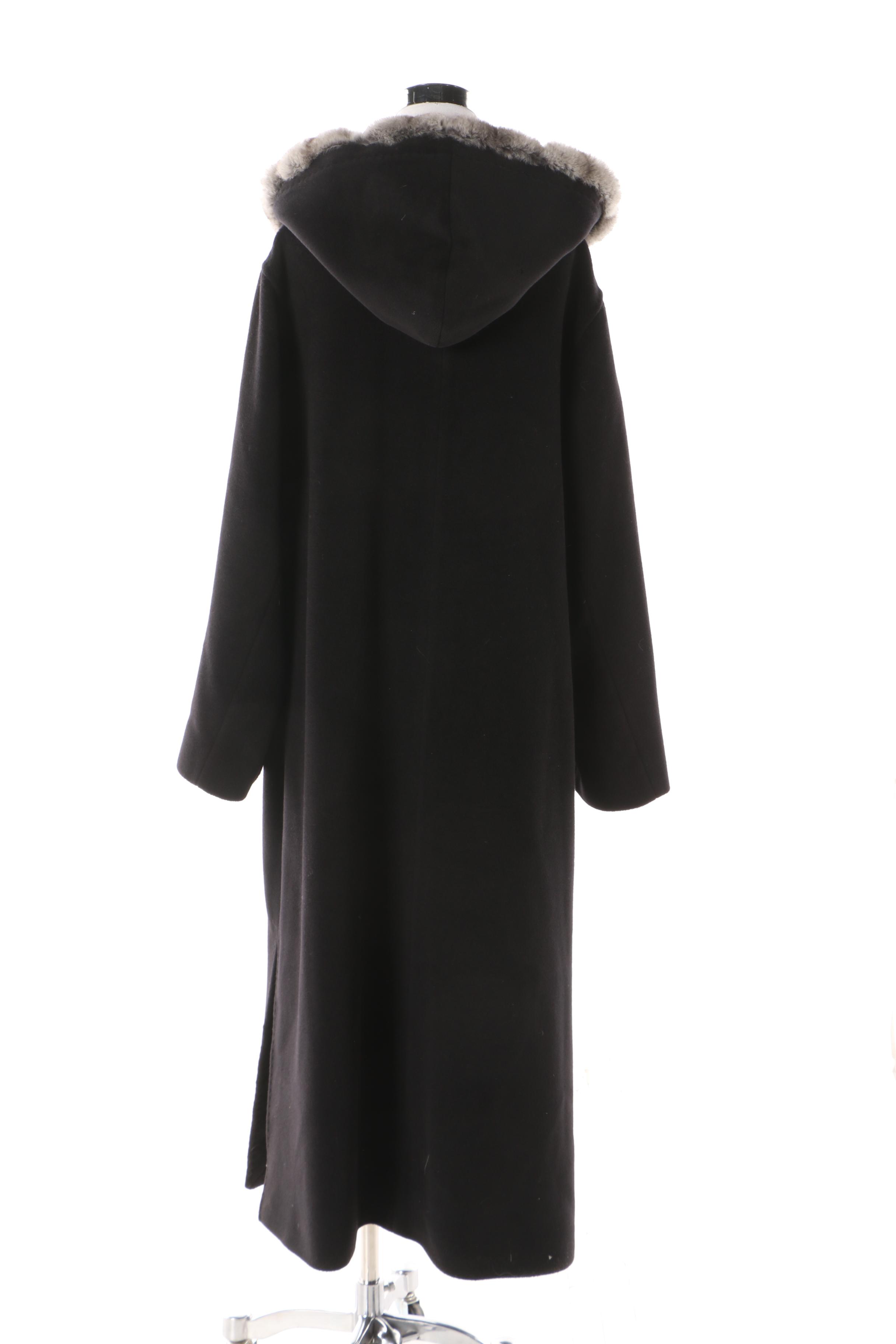 Women's Cinza Rocca Black Wool Hooded Coat with Chinchilla Fur Trim