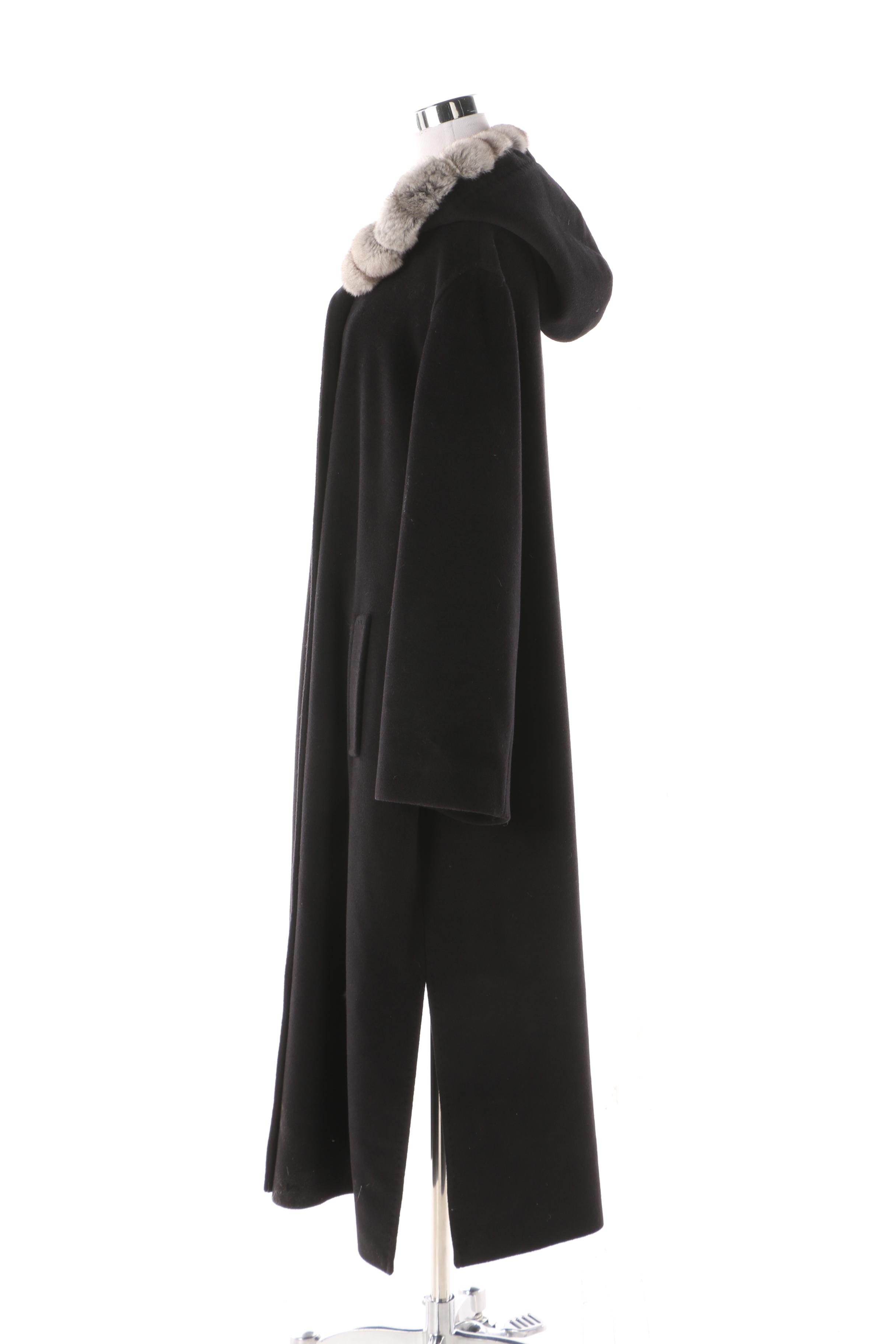 Women's Cinza Rocca Black Wool Hooded Coat with Chinchilla Fur Trim