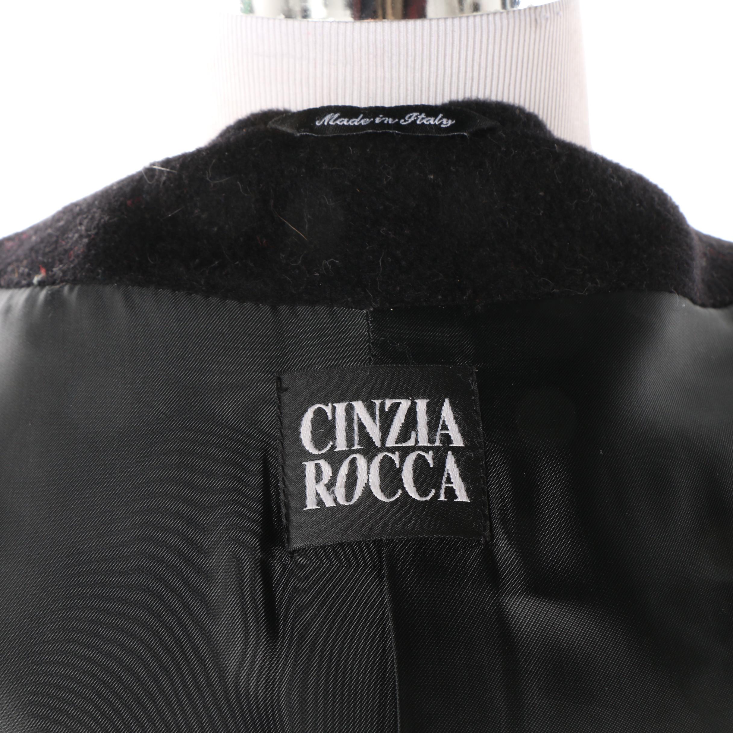 Women's Cinza Rocca Black Wool Hooded Coat with Chinchilla Fur Trim