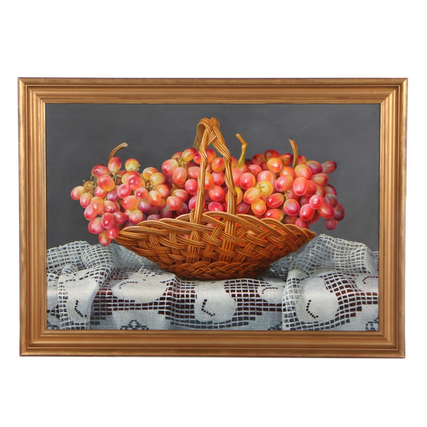 Sally Schrohenloher Oil Painting "Grapes in a Flower Basket"