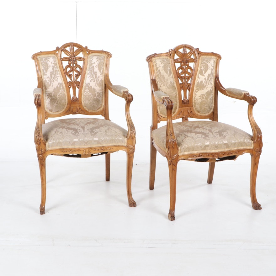 Louis XV Style Birch Frame Upholstered Armchairs, Early 20th Century