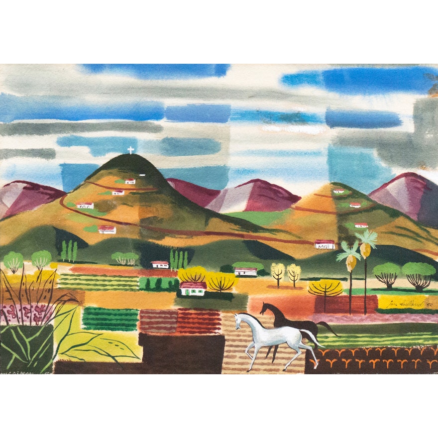 Jon Helland Watercolor and Gouache Painting "Horses in a Landscape"
