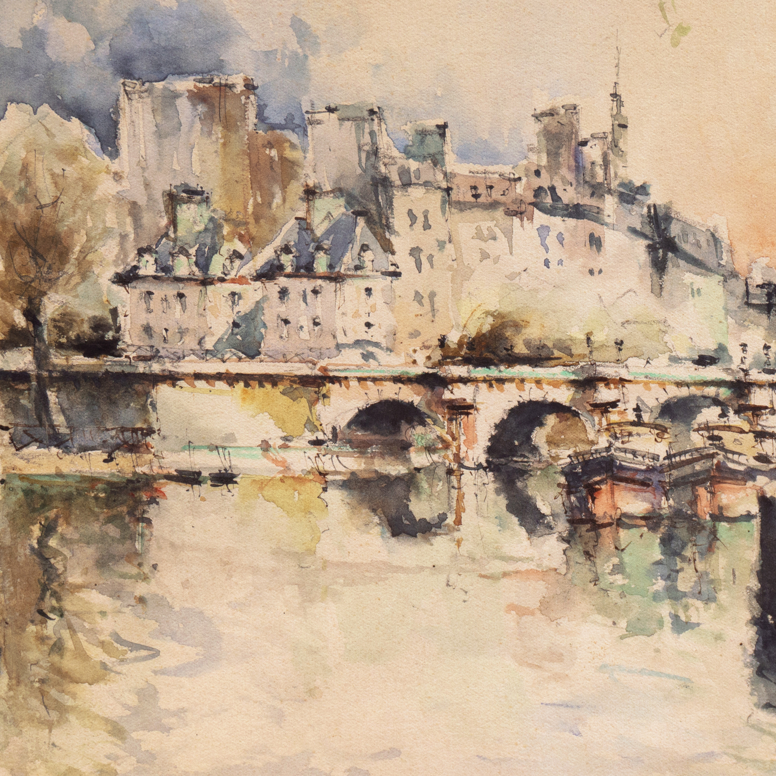 Andre Michel Watercolor Painting "Paris - Le Pont Neuf"