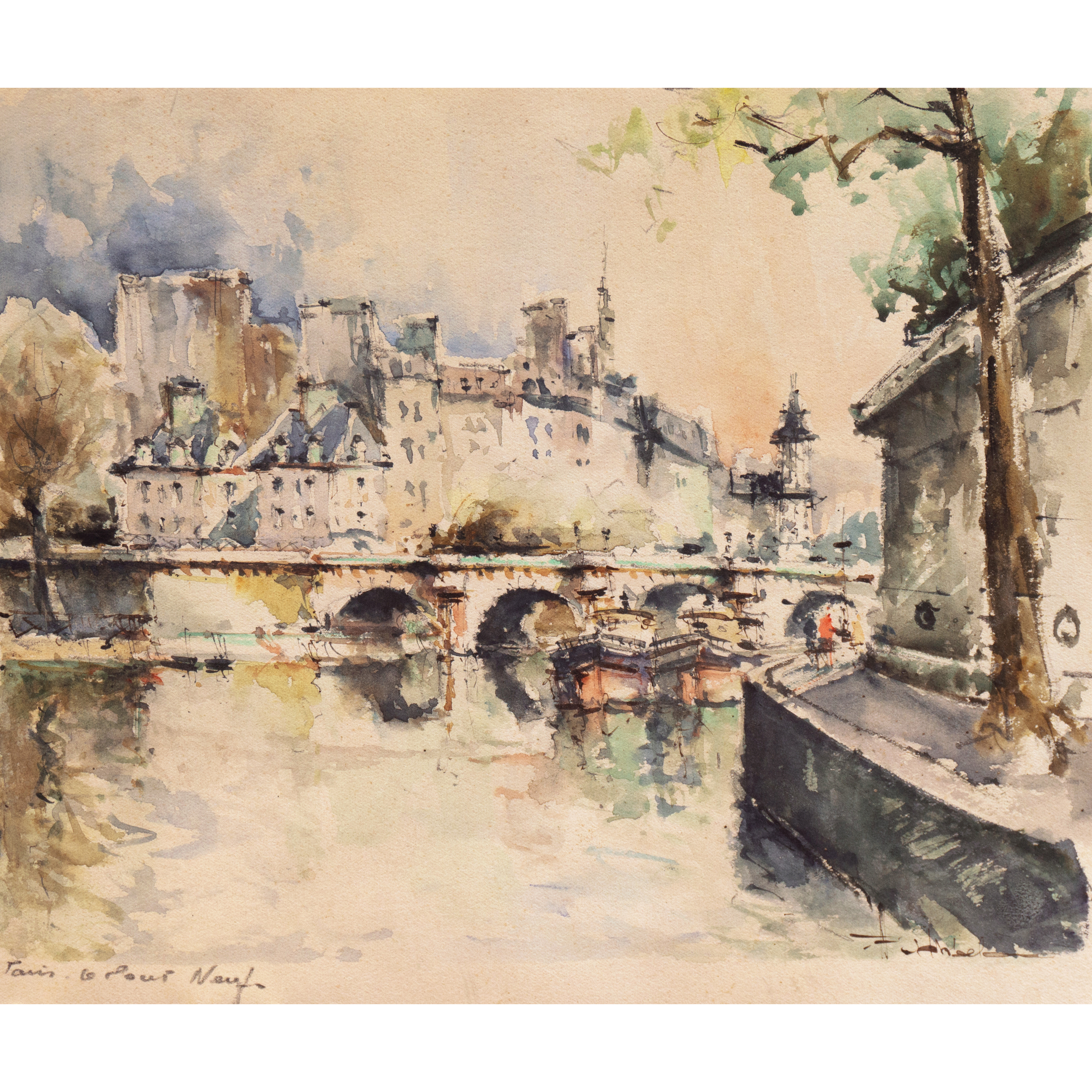 Andre Michel Watercolor Painting "Paris - Le Pont Neuf"