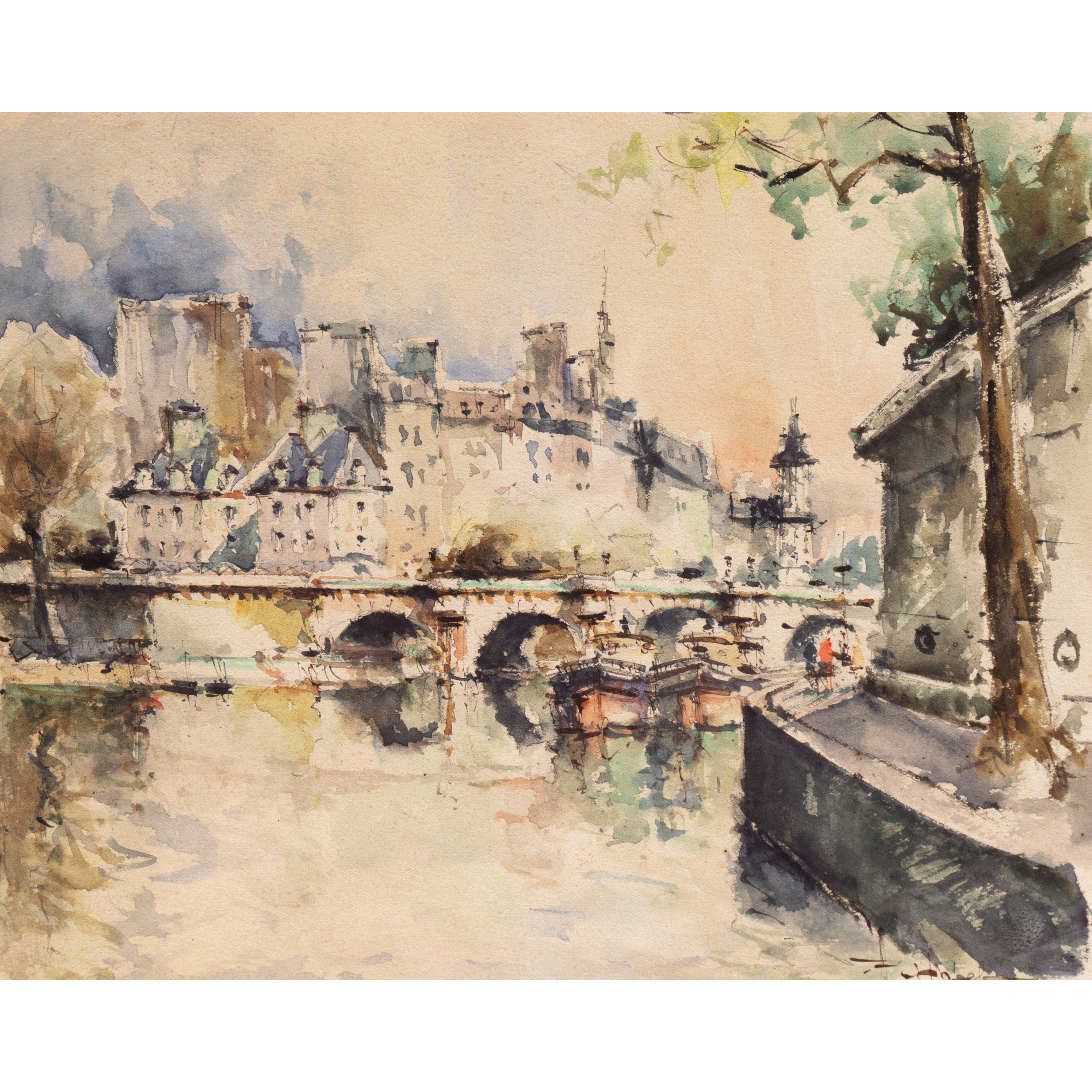 Andre Michel Watercolor Painting "Paris - Le Pont Neuf"