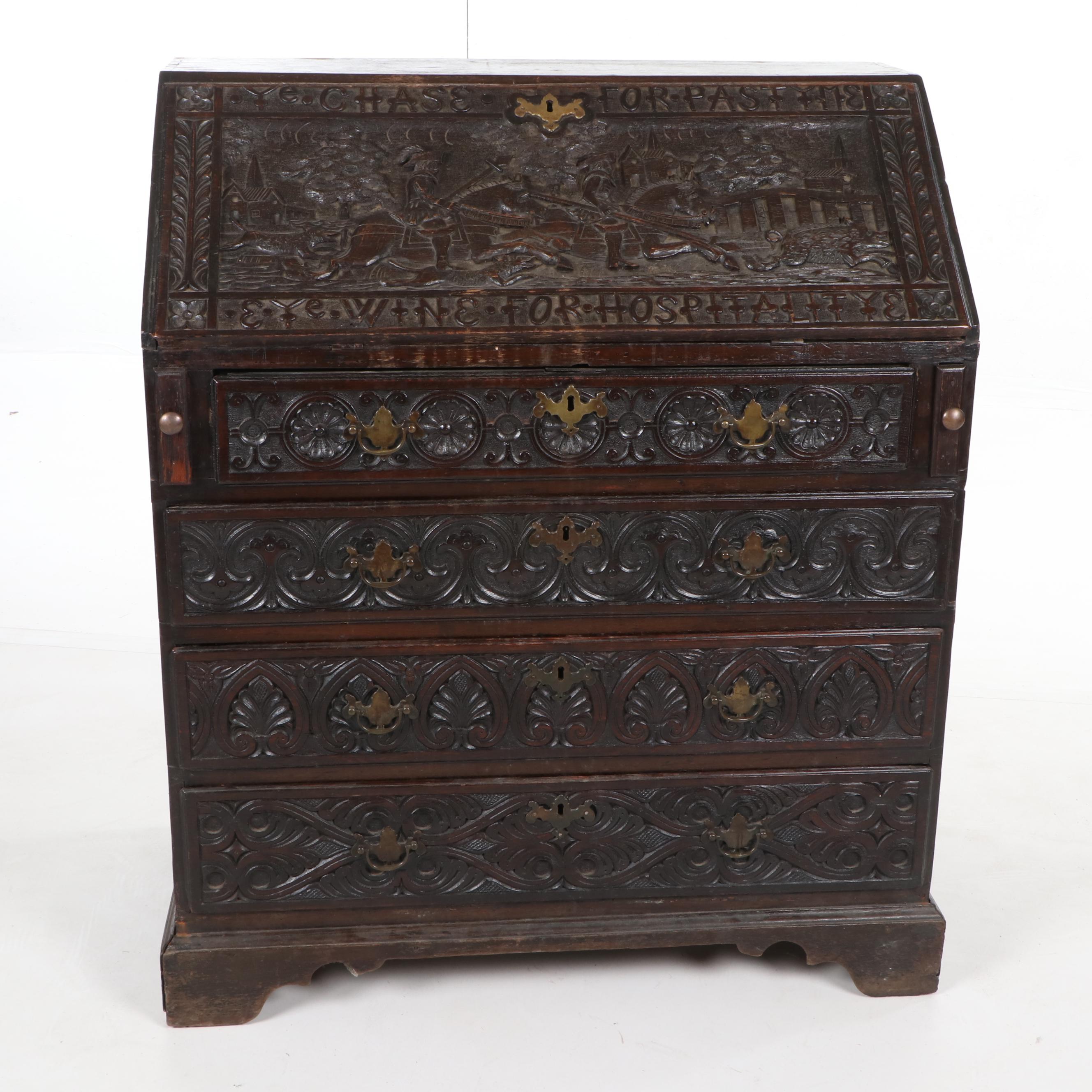 Victorian Carved Oak Bureau, Late 19th Century