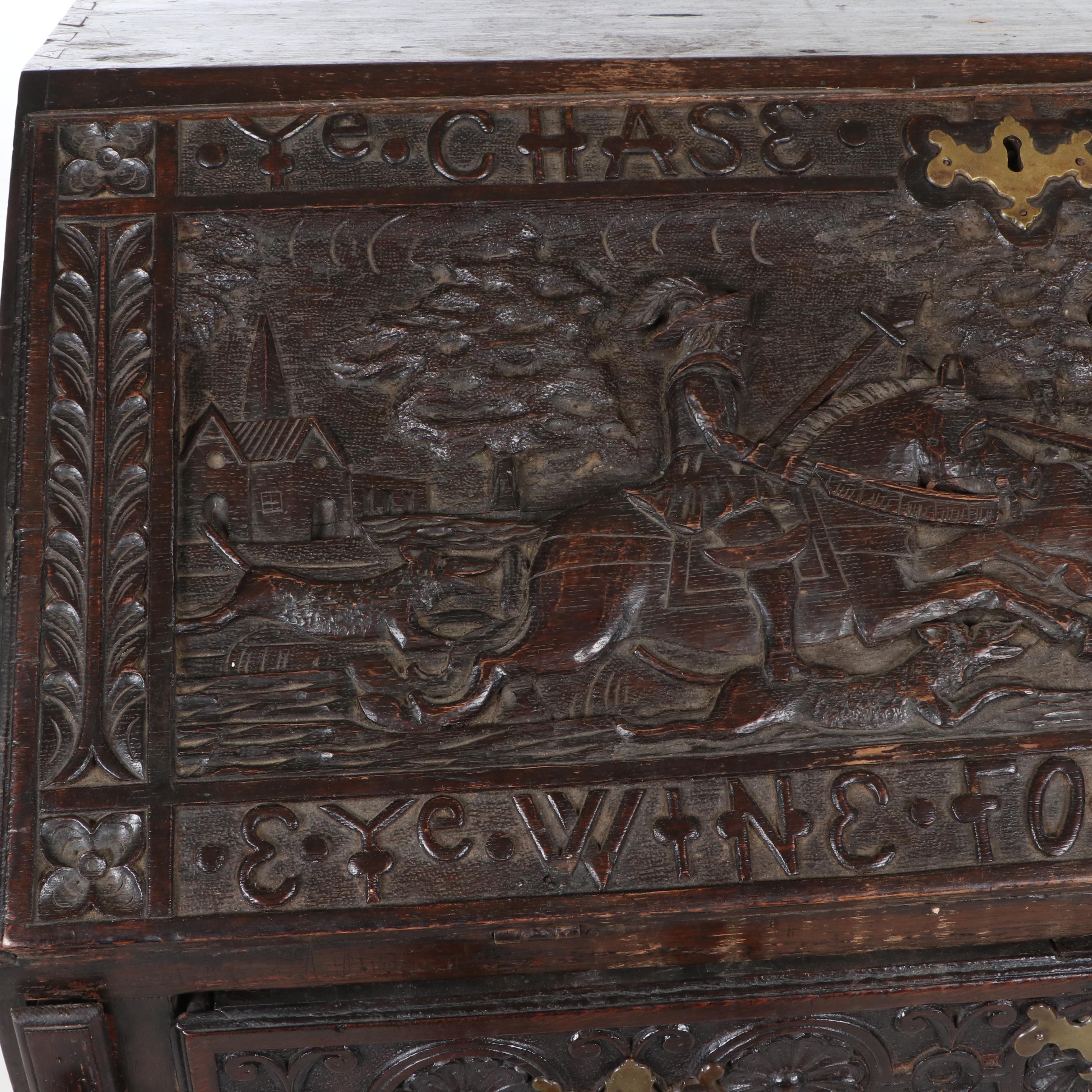 Victorian Carved Oak Bureau, Late 19th Century