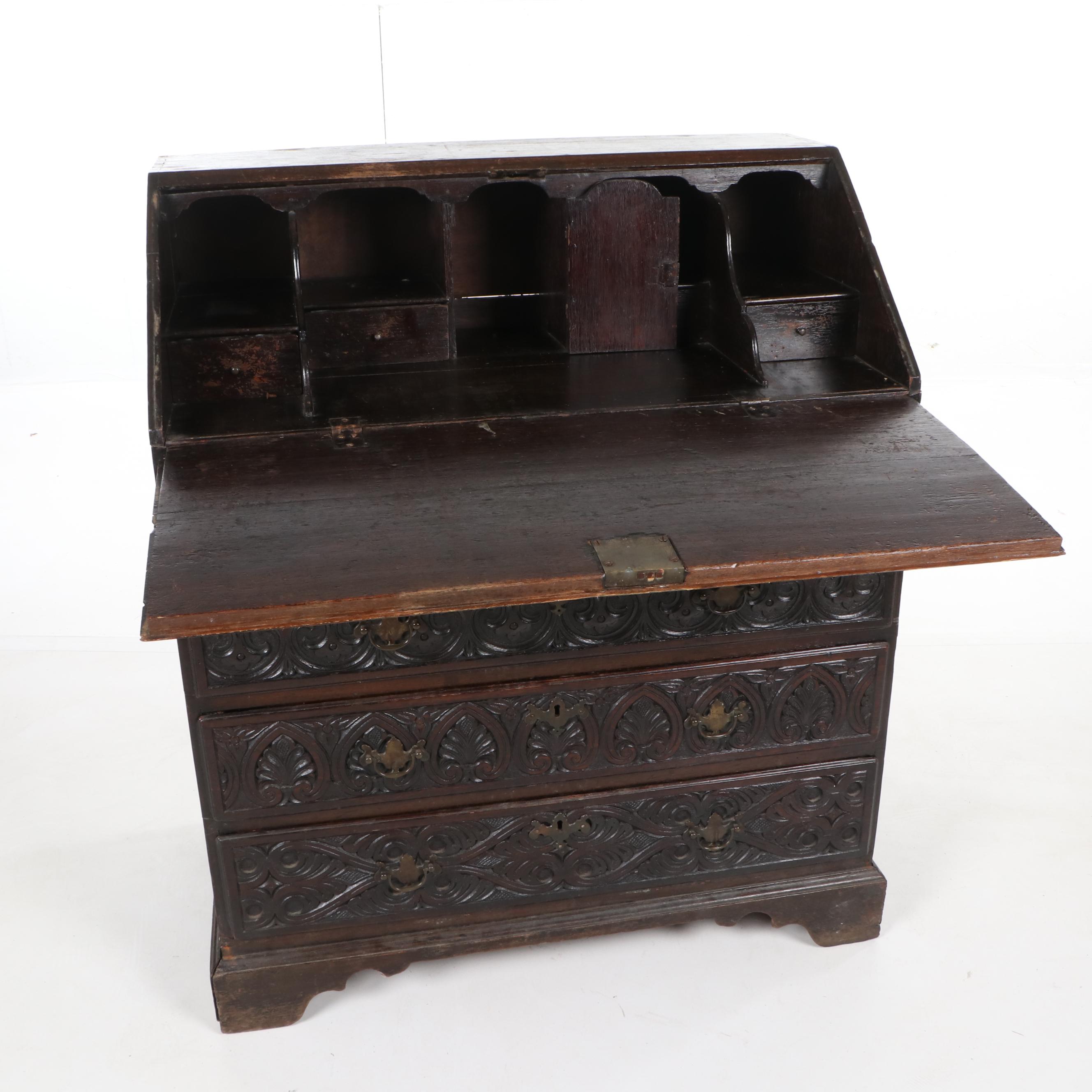 Victorian Carved Oak Bureau, Late 19th Century