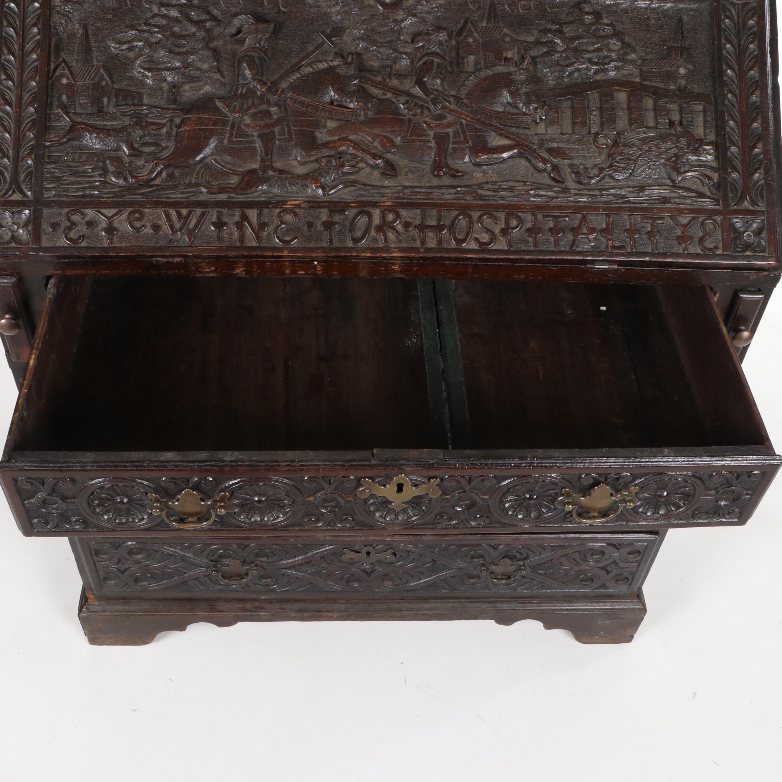 Victorian Carved Oak Bureau, Late 19th Century
