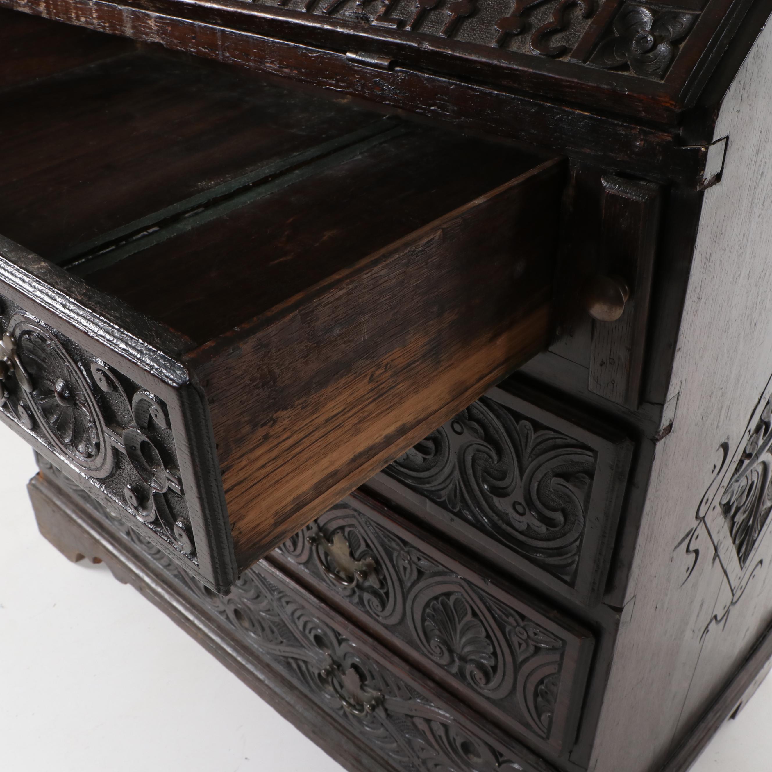 Victorian Carved Oak Bureau, Late 19th Century