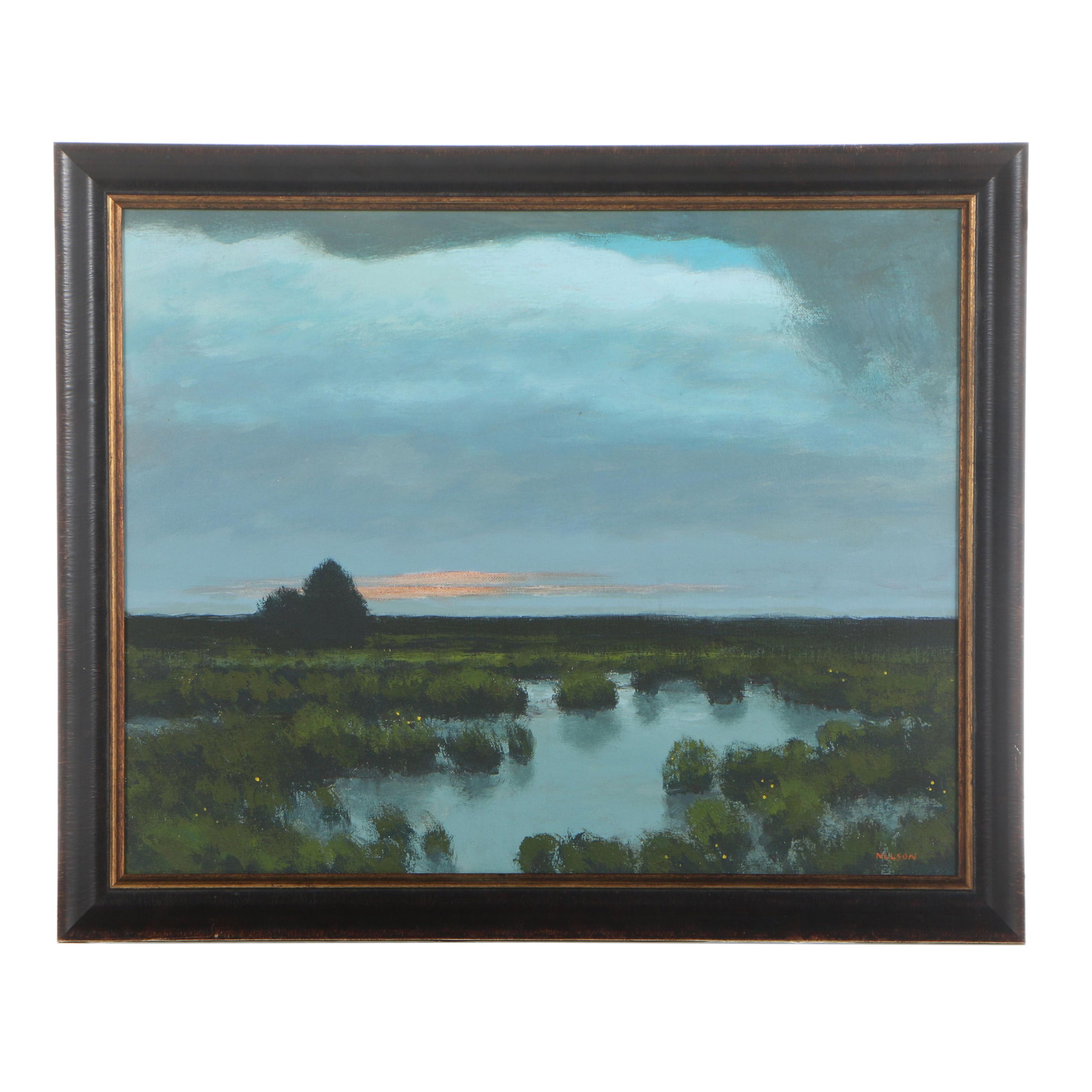 W. Nelson Marsh Land Oil Painting "Summer Skies" Attributed to W. Nelson