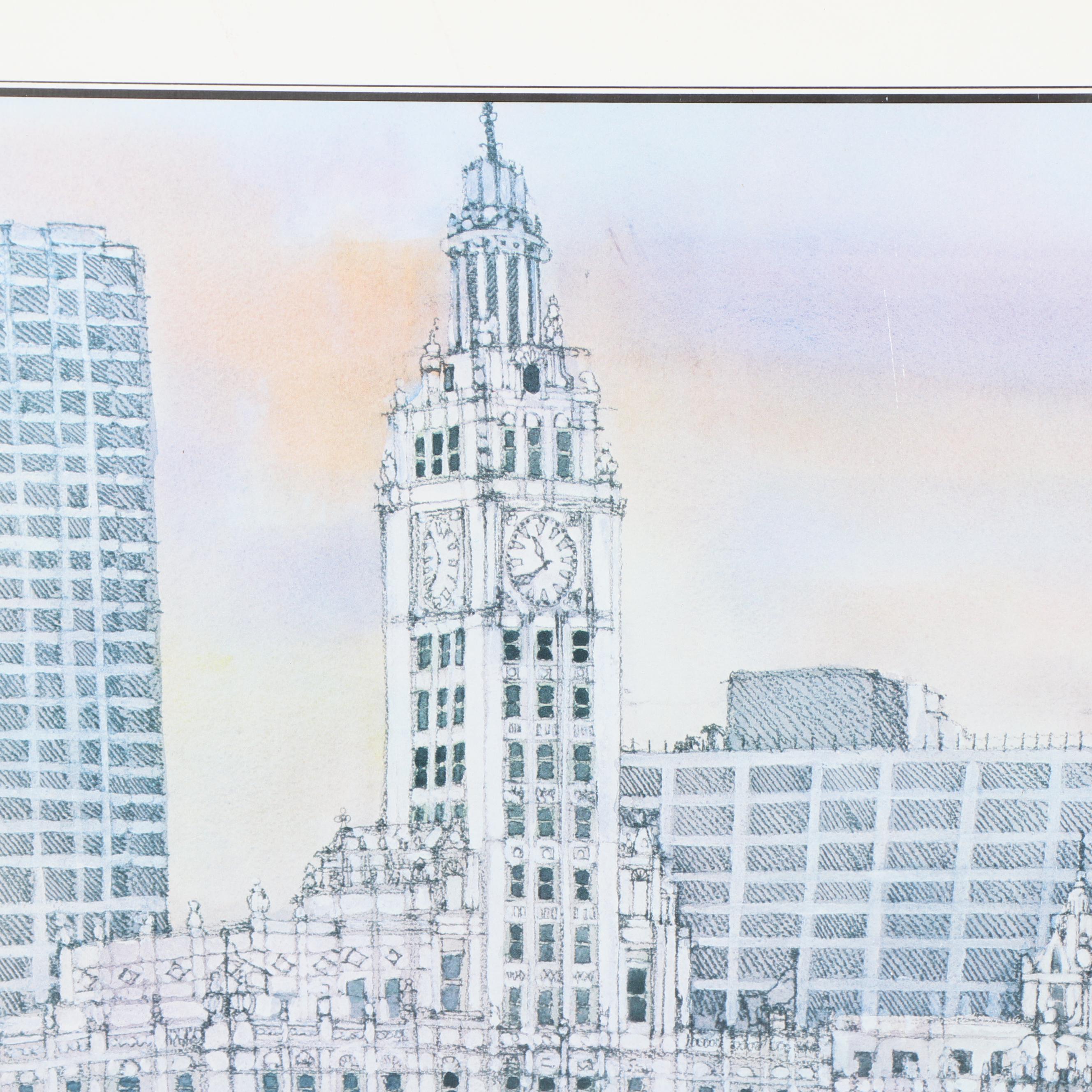 Mark McMahon Offset Lithograph "Chicago Wrigley Building"