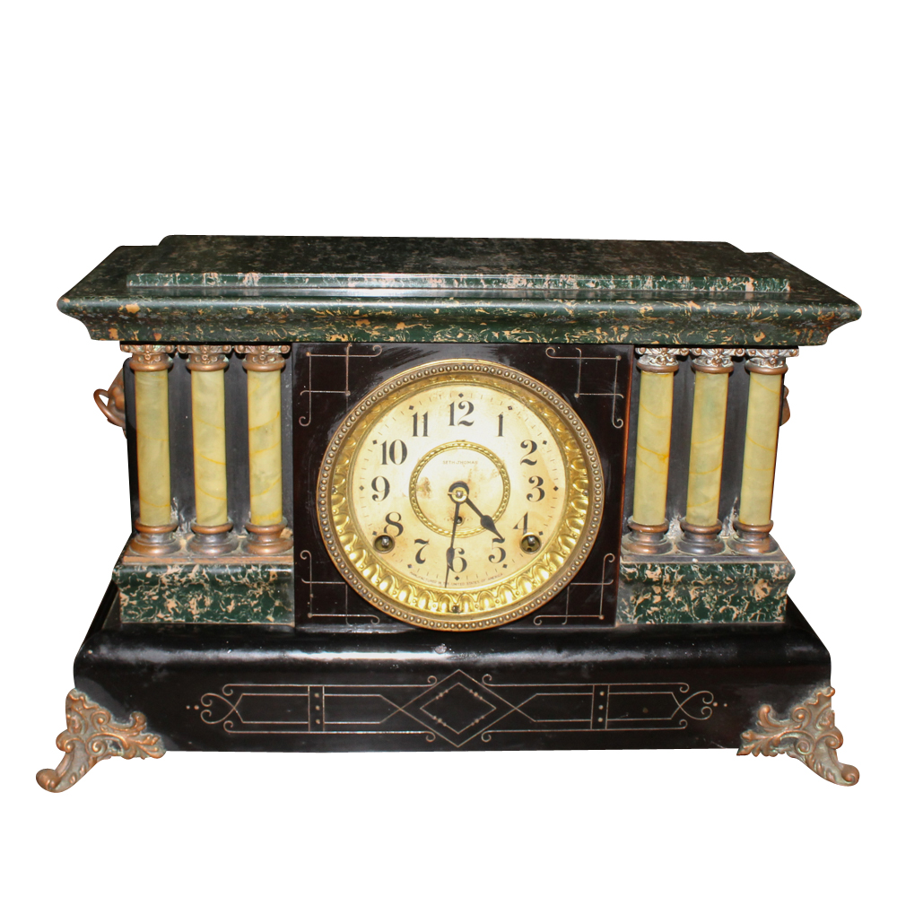 Antique Seth Thomas Adamantine Mantel Clock with Celluloid Pillars