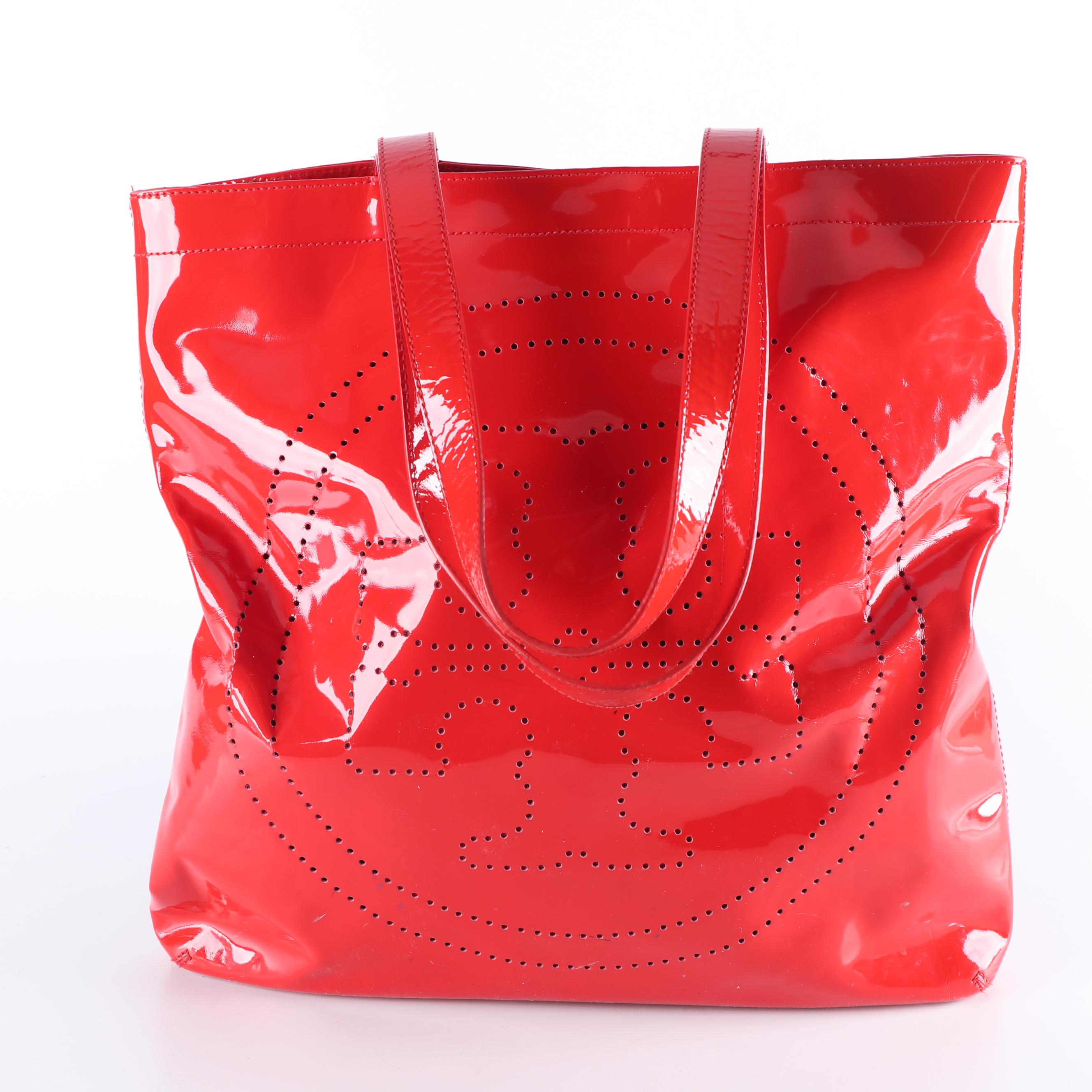 Tory Burch Red Perforated Patent Leather Logo Tote Bag