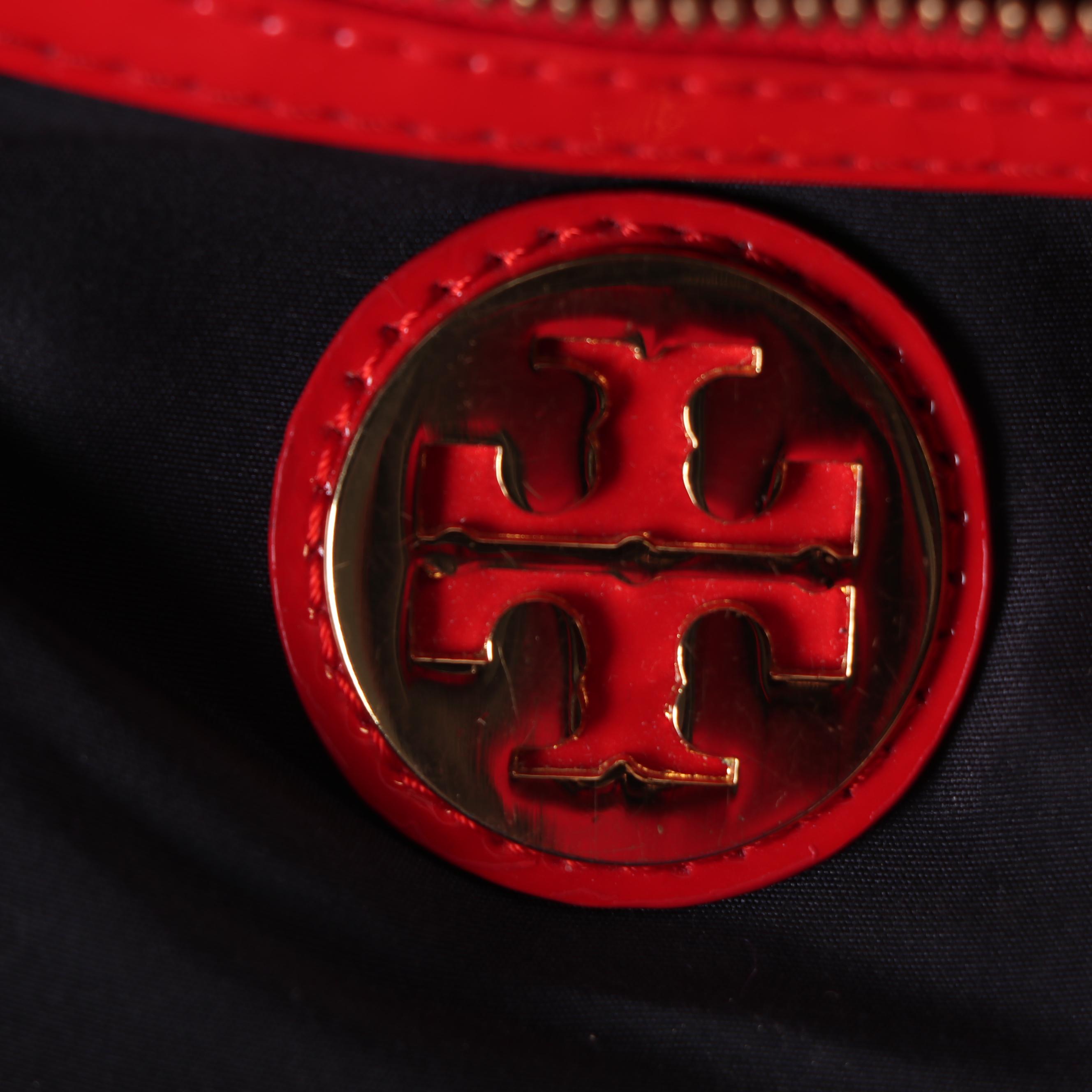 Tory Burch Red Perforated Patent Leather Logo Tote Bag