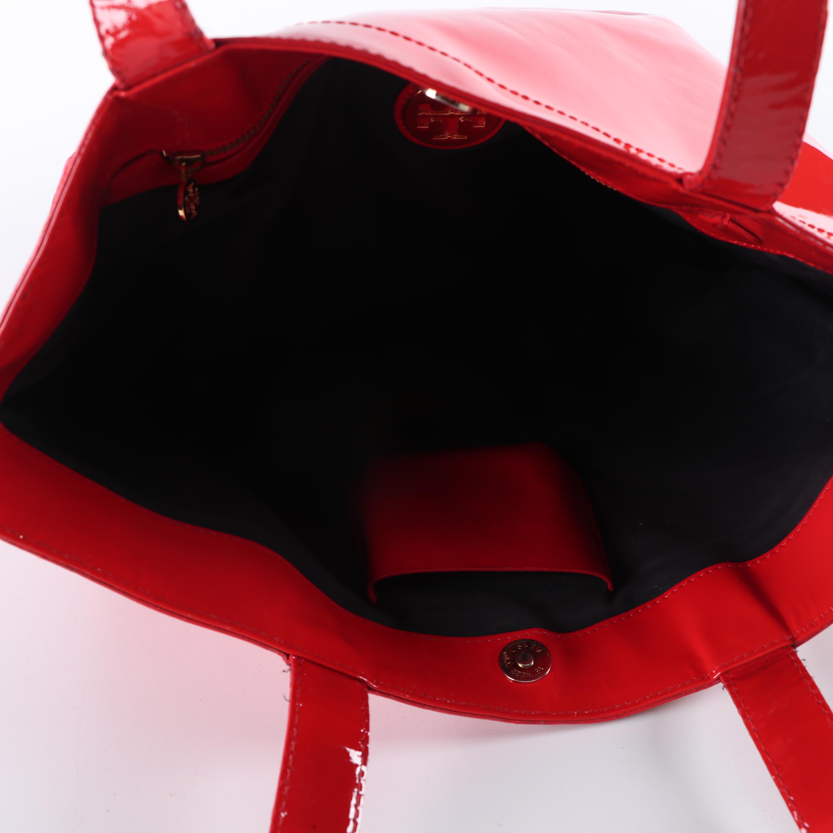 Tory Burch Red Perforated Patent Leather Logo Tote Bag