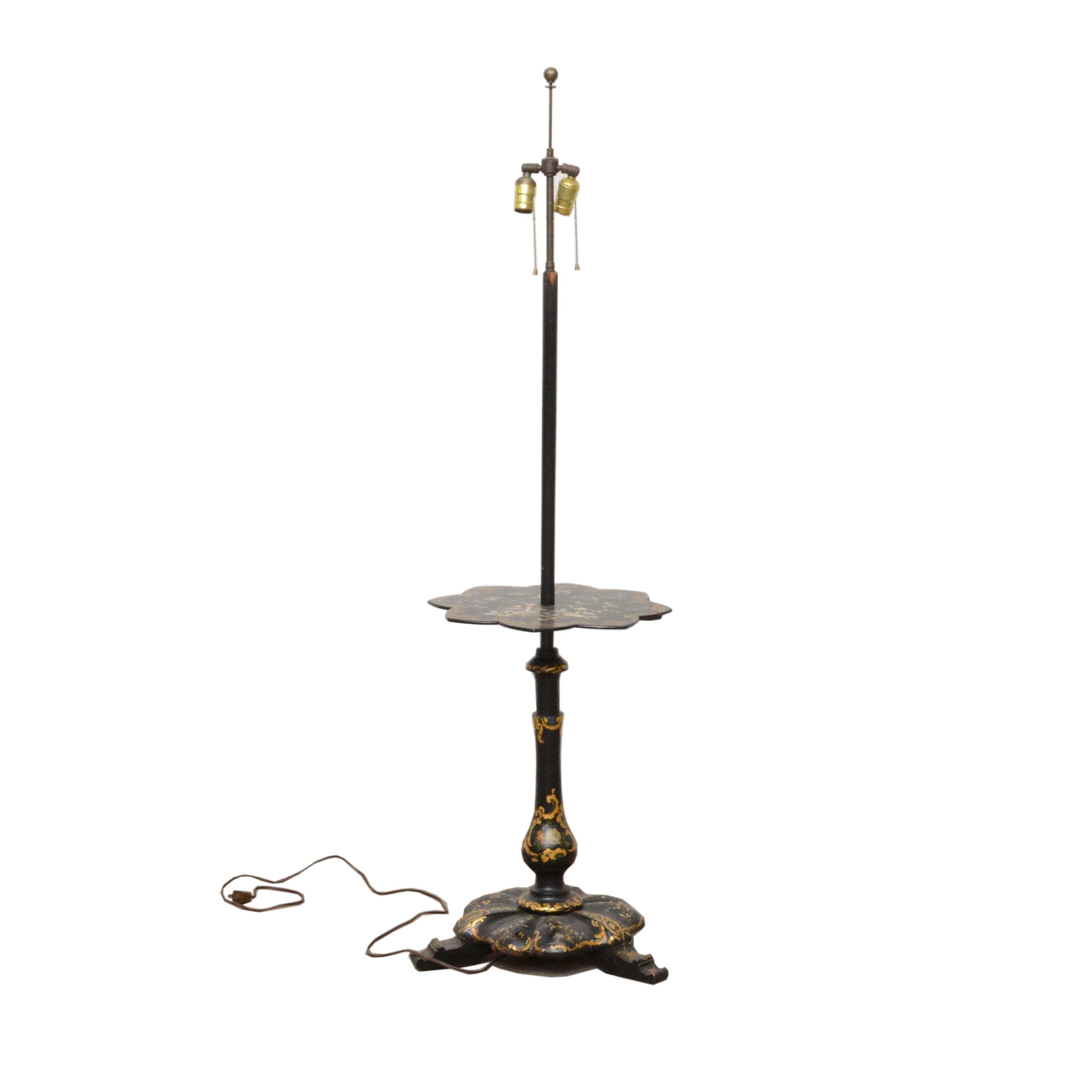 Antique Chinoiserie Gilt and Abalone Inlay Hand Decorated Japanned Floor Lamp