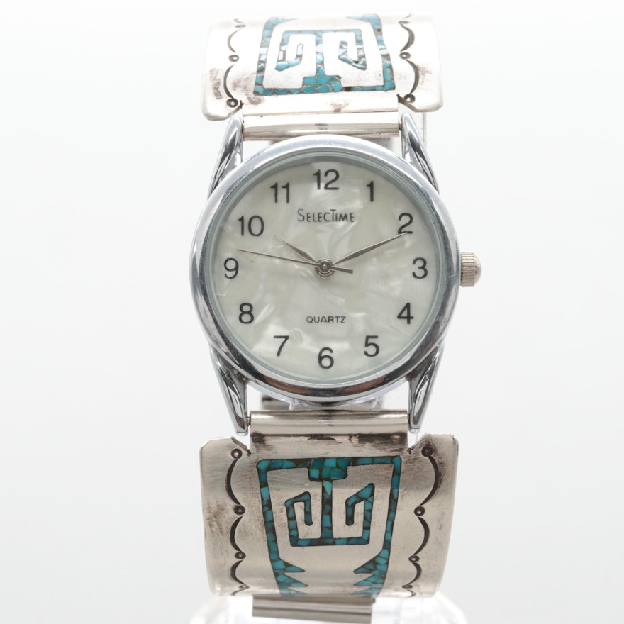 SelecTime Wristwatch With Southwestern Style Sterling Silver Chip Turquoise Band