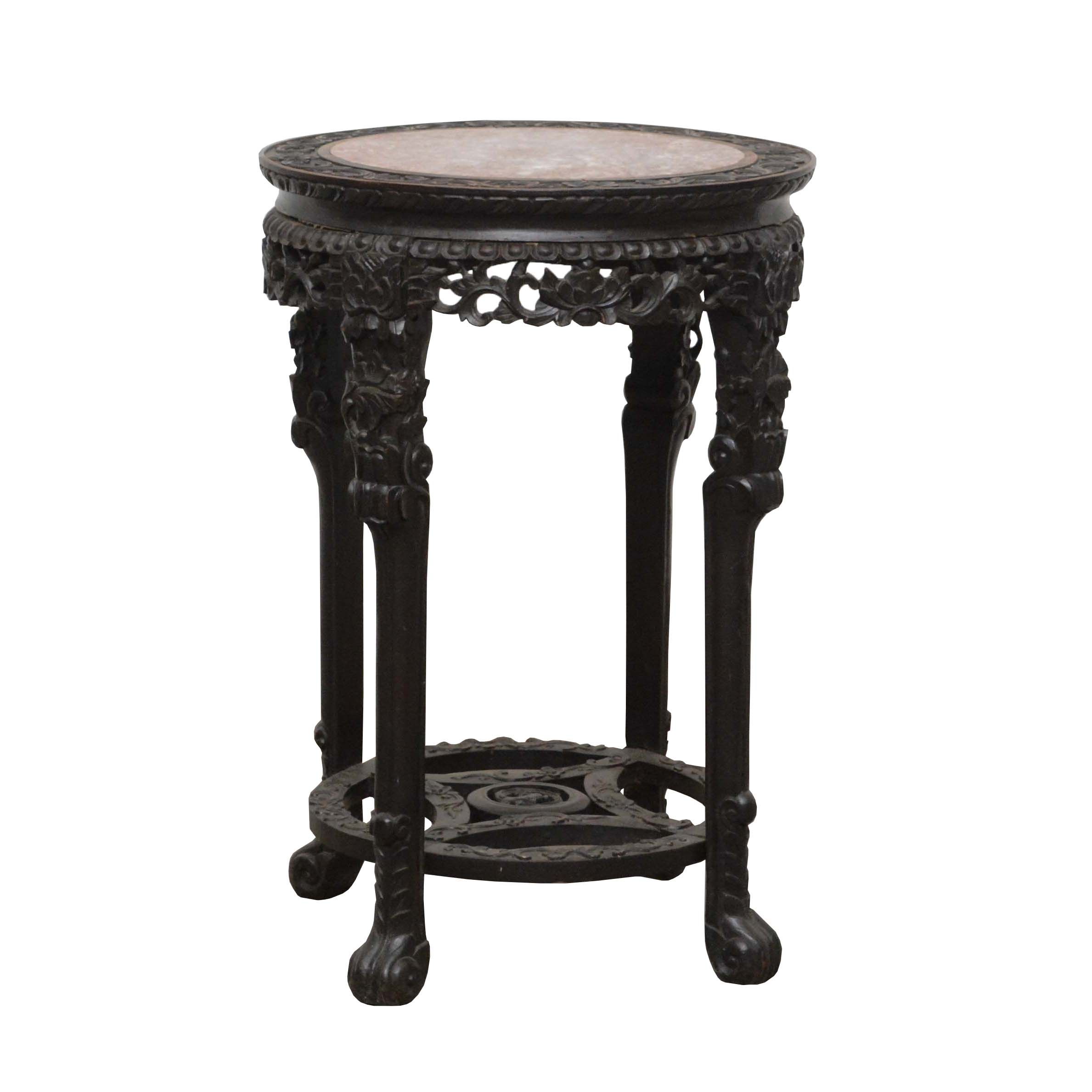 Chinese Export Carved Hardwood & Pink Marble Stand, Late 19th/Early 20th Century