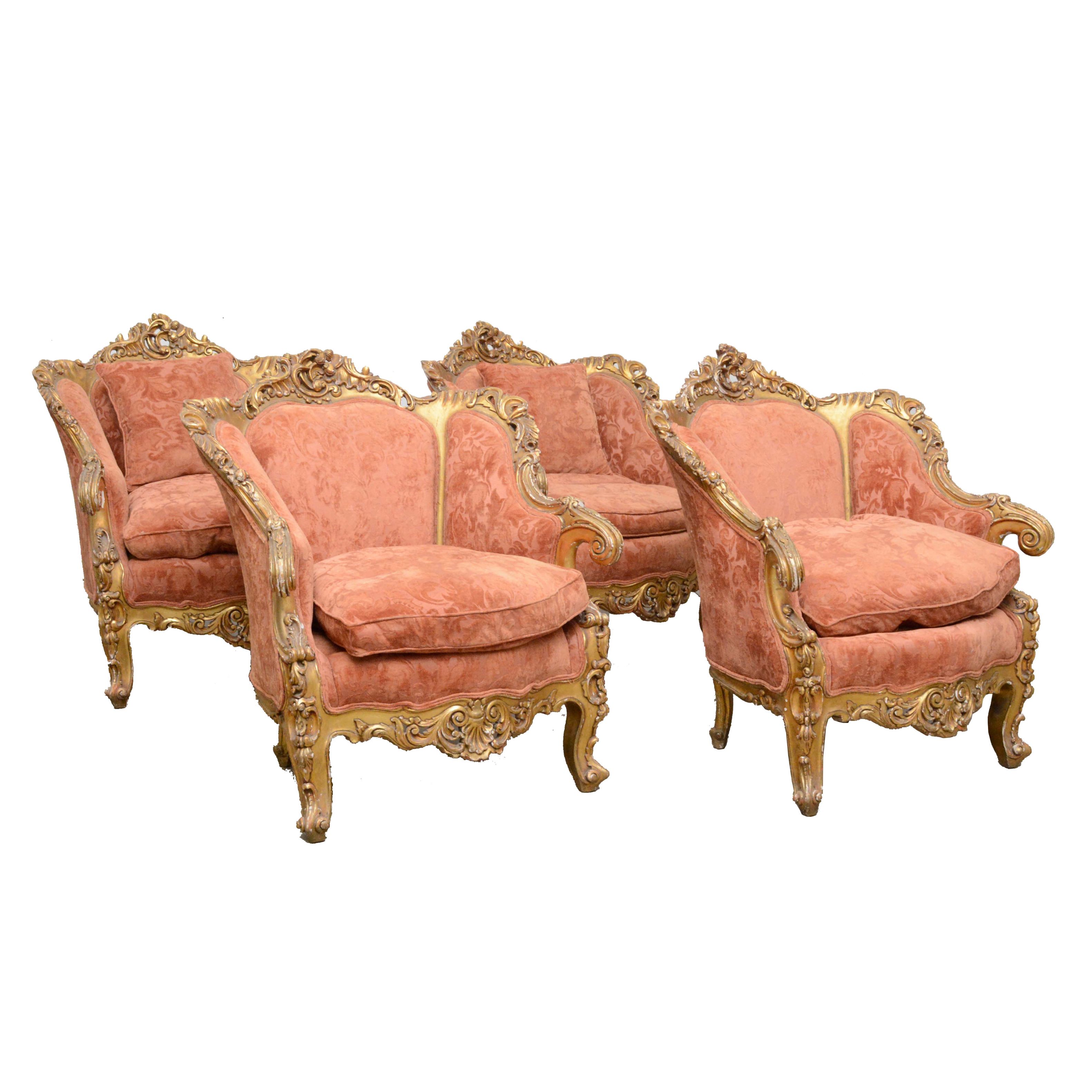 Set of Four Rococo Style Giltwood Bergères, 20th Century
