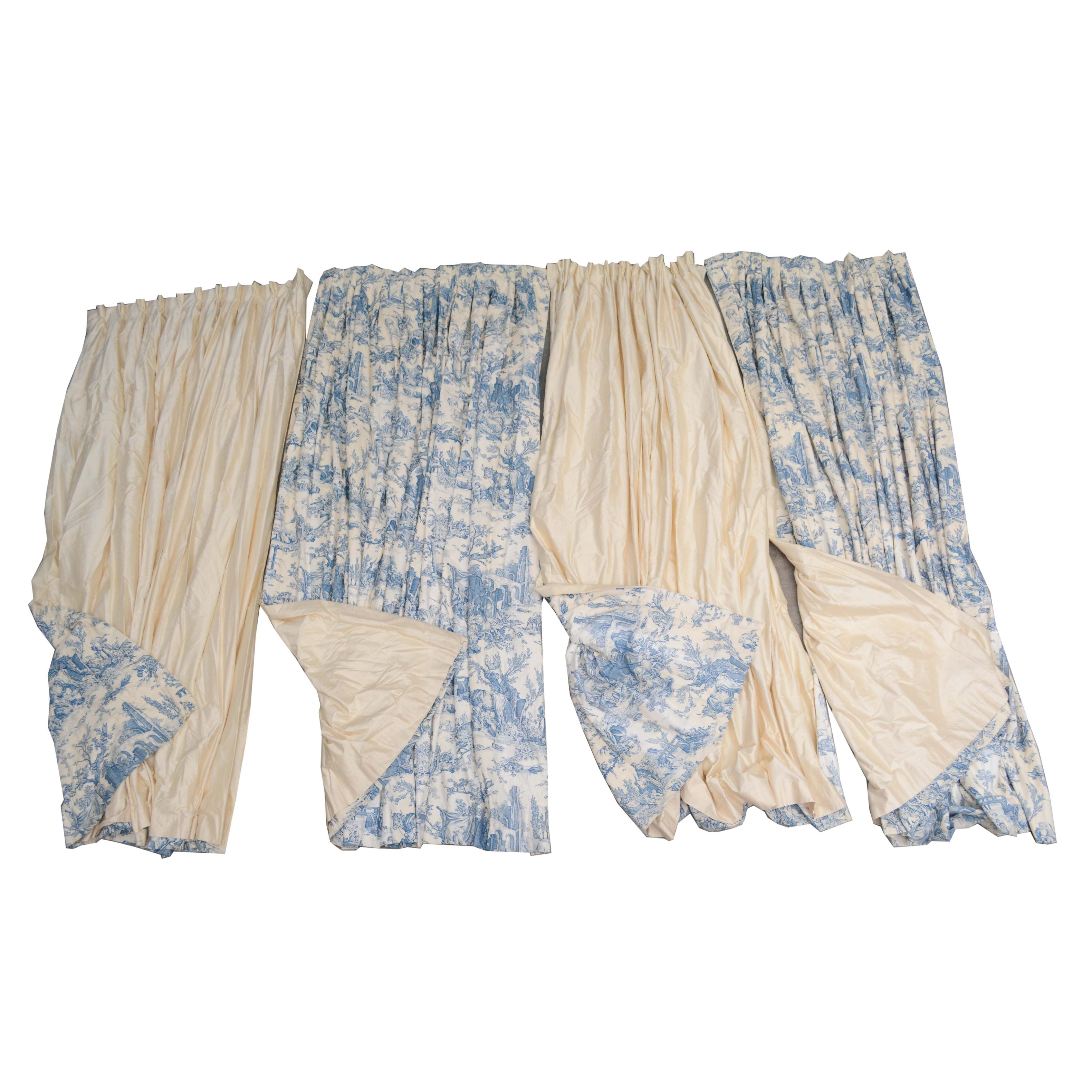 Blue and White Toile Pastoral Lined Curtain Panels