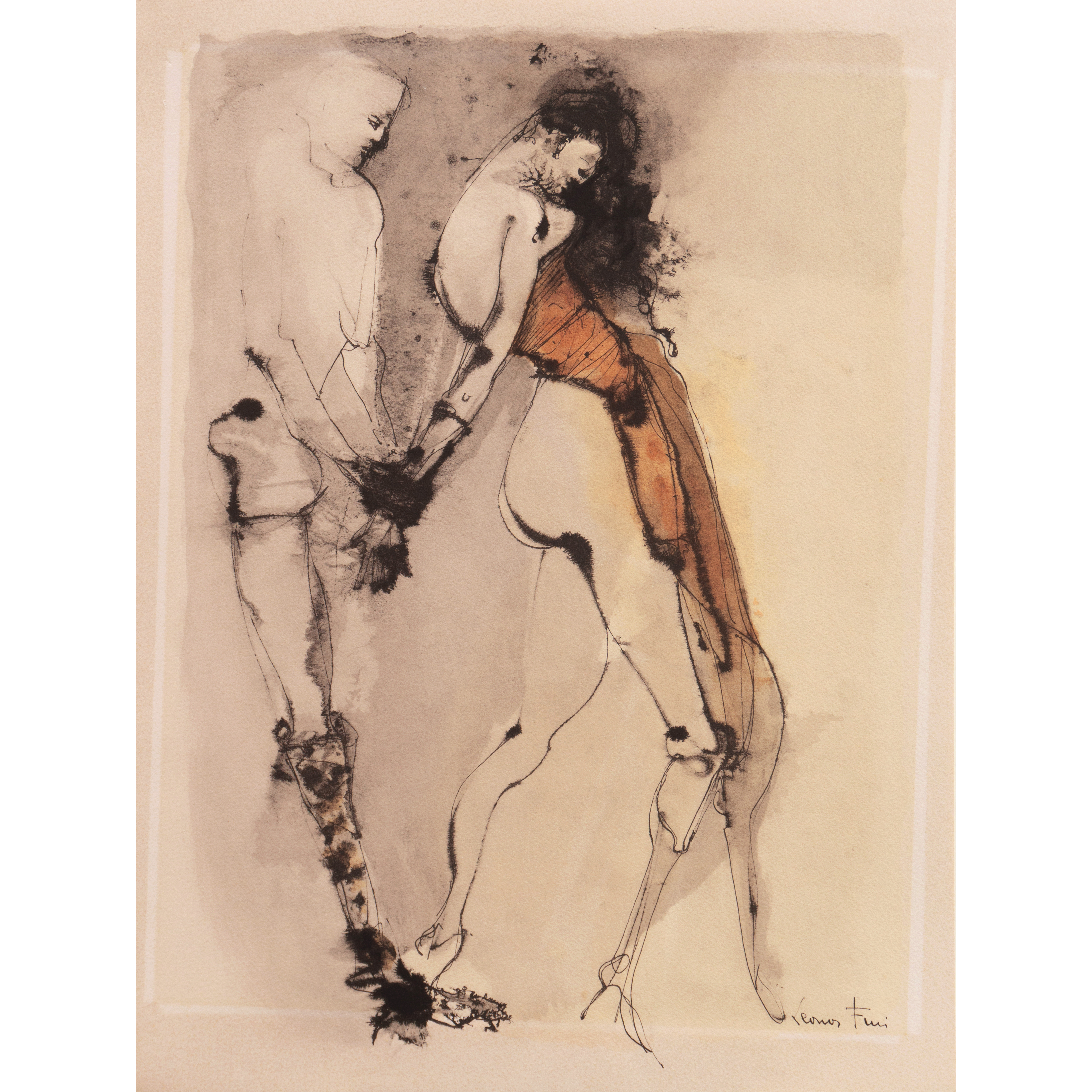 Leonor Fini Ink and Sepia Wash "Two Figures"