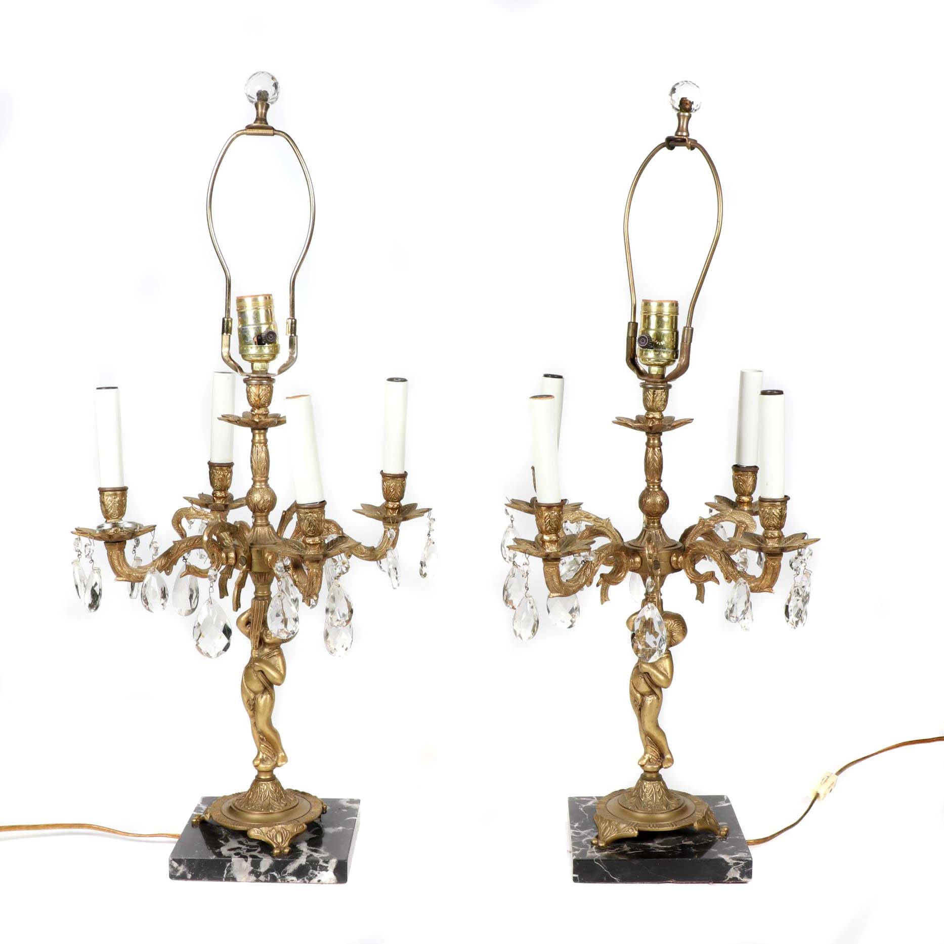 Gold Tone Metal Putti Candelabra Table Lamps with Crystal Drops and Marble Base