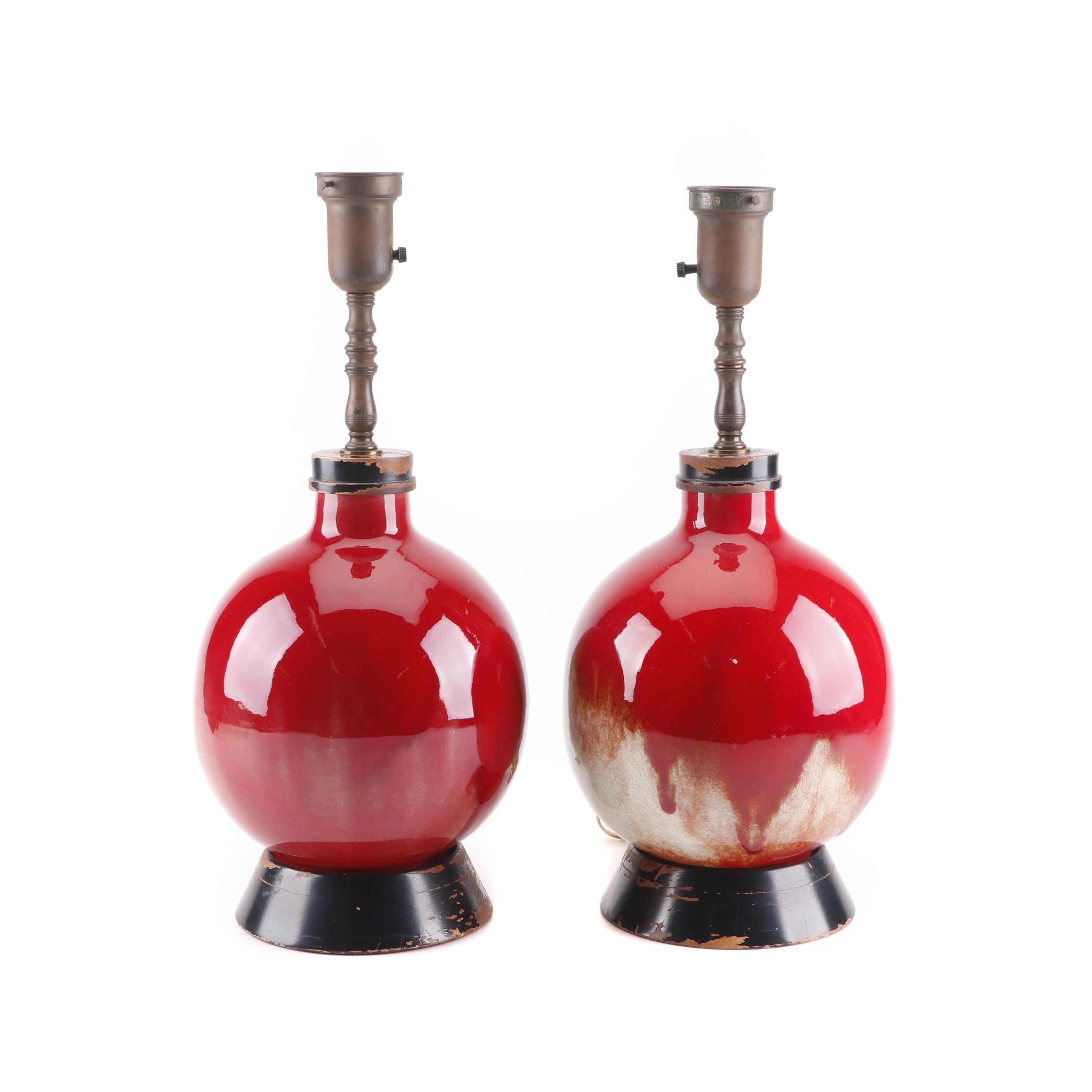 Rembrandt Lamps Red Drip Glaze Earthenware Table Lamps, Mid-Century