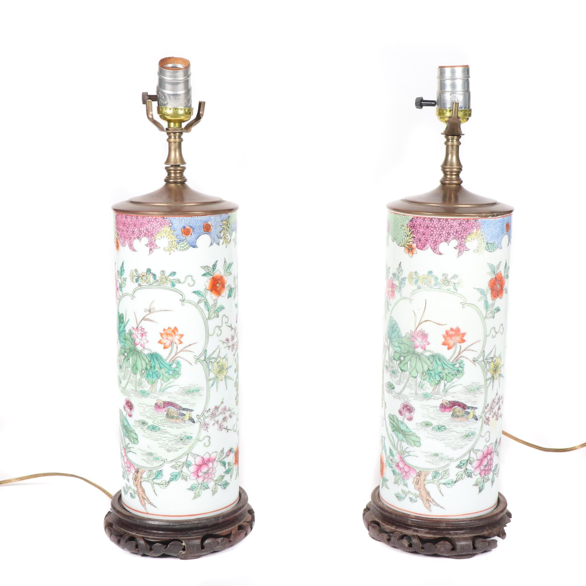 Chinoiserie Hand Decorated Porcelain Cylindrical Table Lamps with Wooden Bases