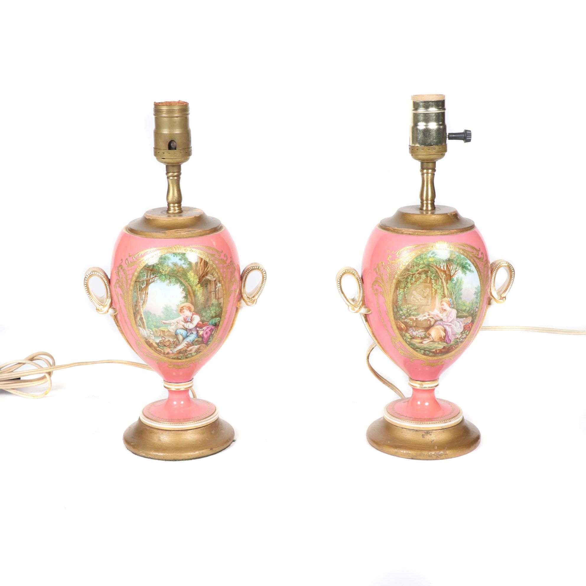 Sèvres Style Hand Decorated Scenic Amphora Table Lamps, circa 1930
