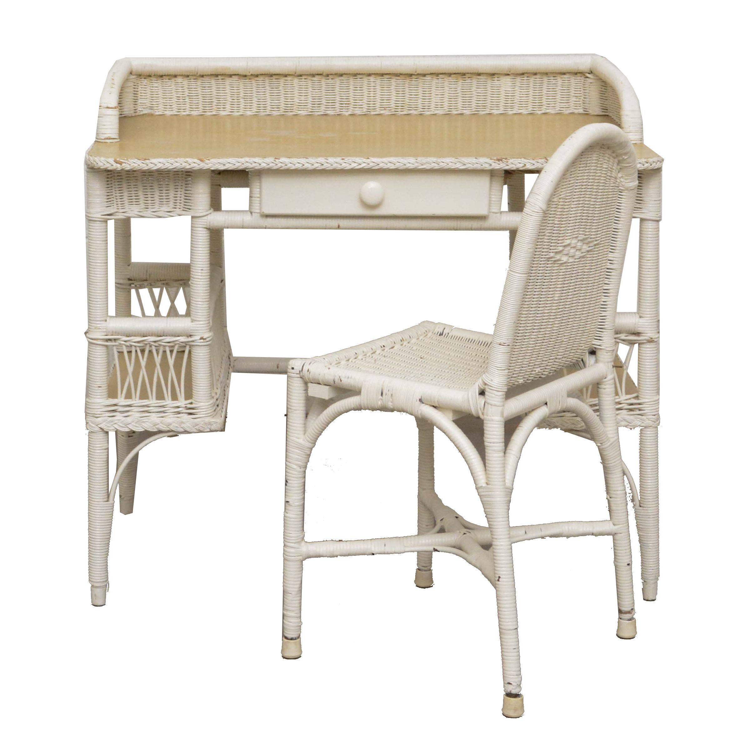 Painted Wicker Weave Desk or Vanity Table with Chair, 20th Century