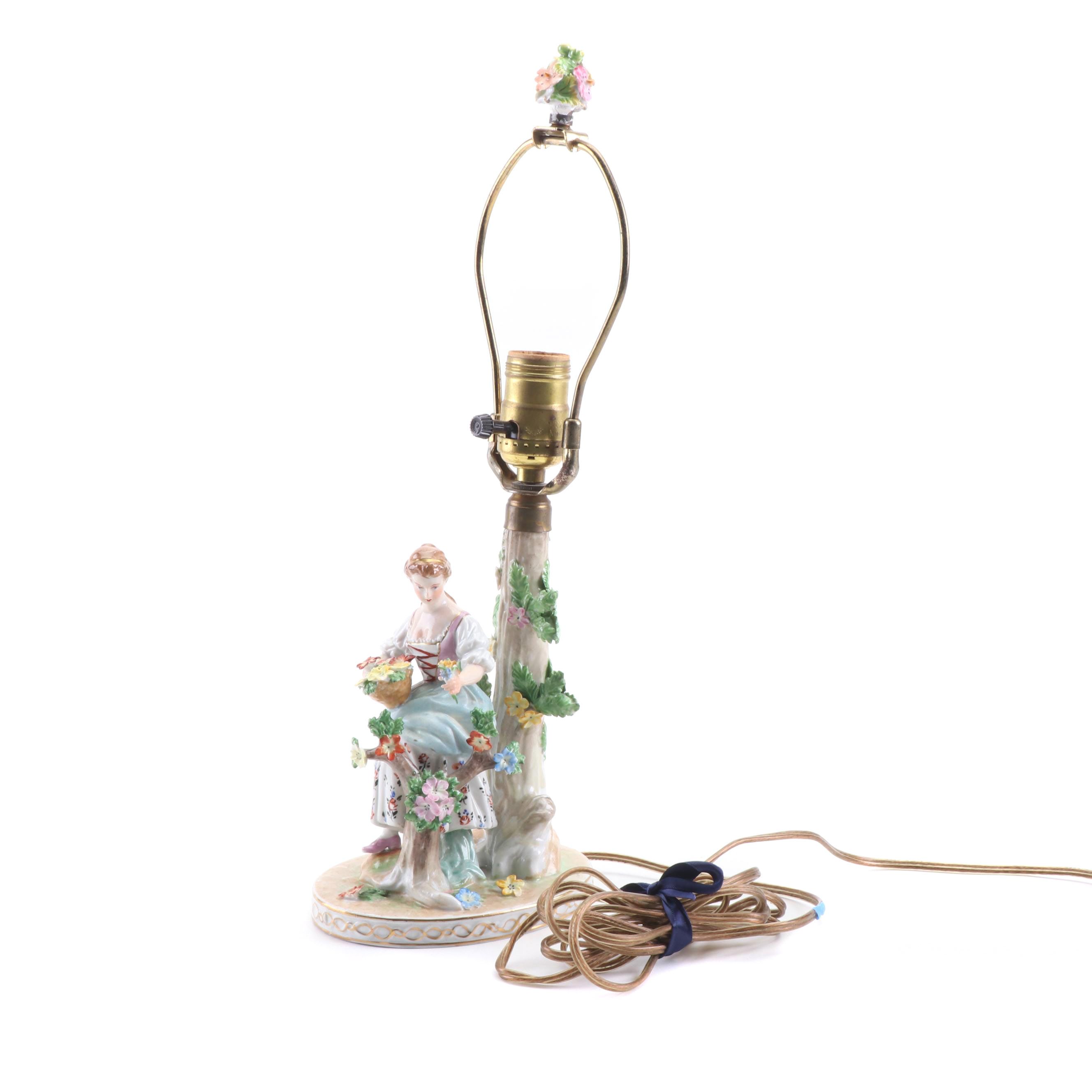 Dresden Hand Decorated Porcelain Figural Table Lamp, Early 20th Century