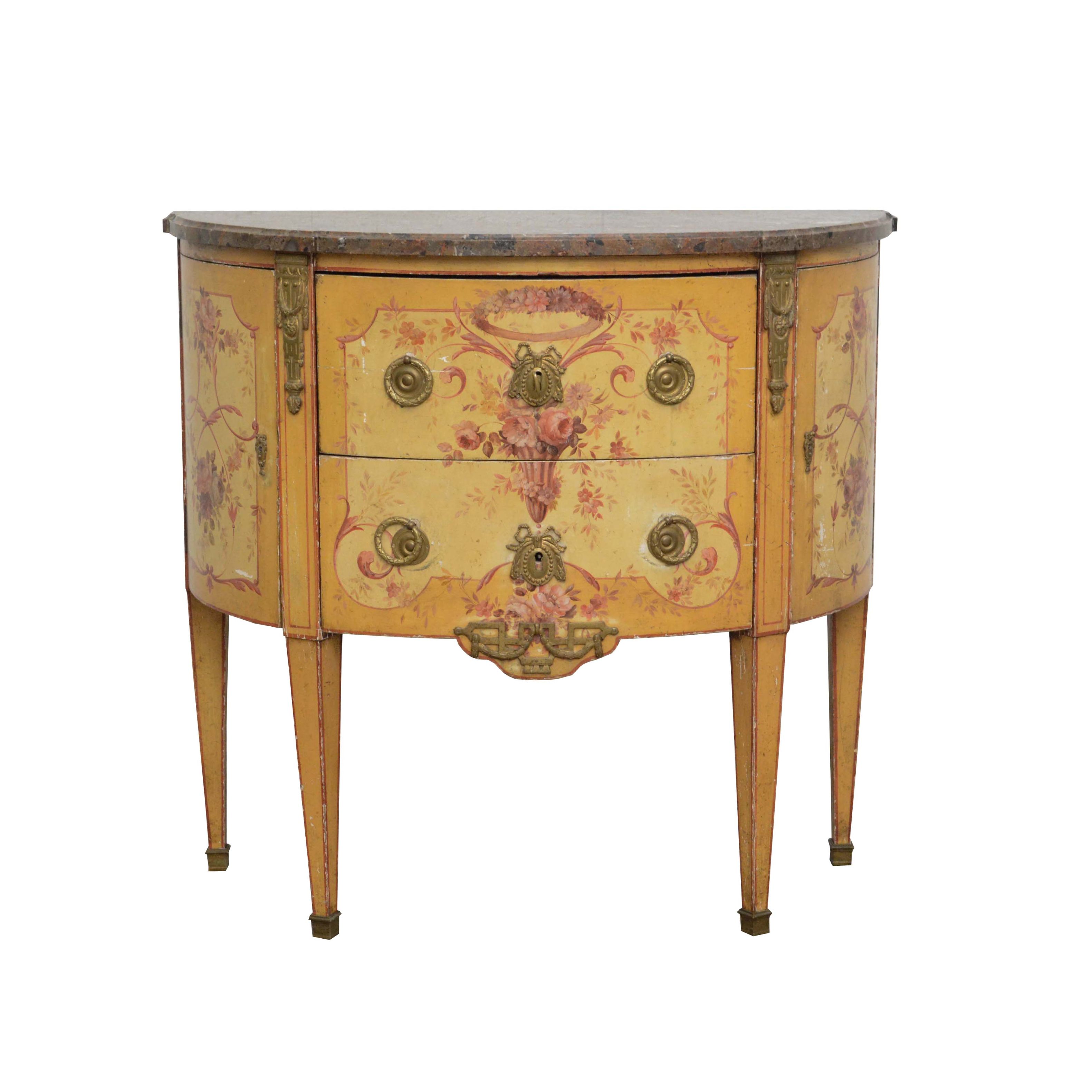 Louis XVI Style Painted Oak and Marble Top Demilune Commode, 20th Century