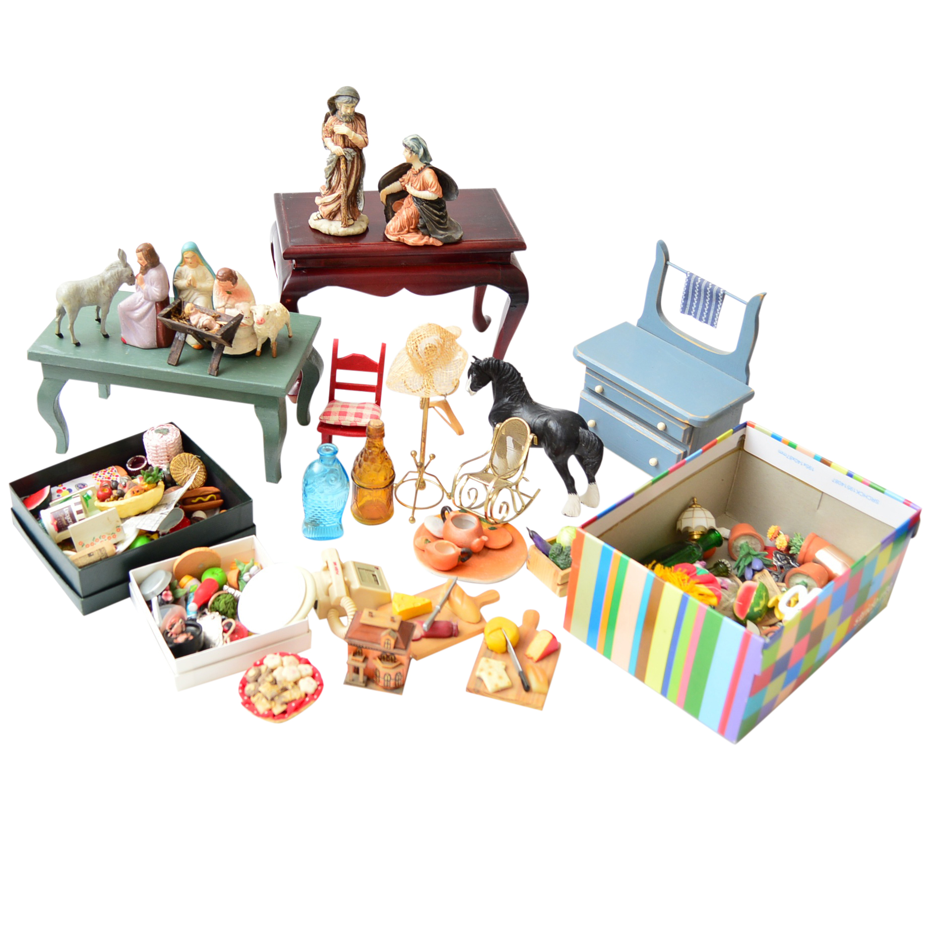 Dollhouse Furniture, Vintage German Paper Mache Creche Set and Miniatures