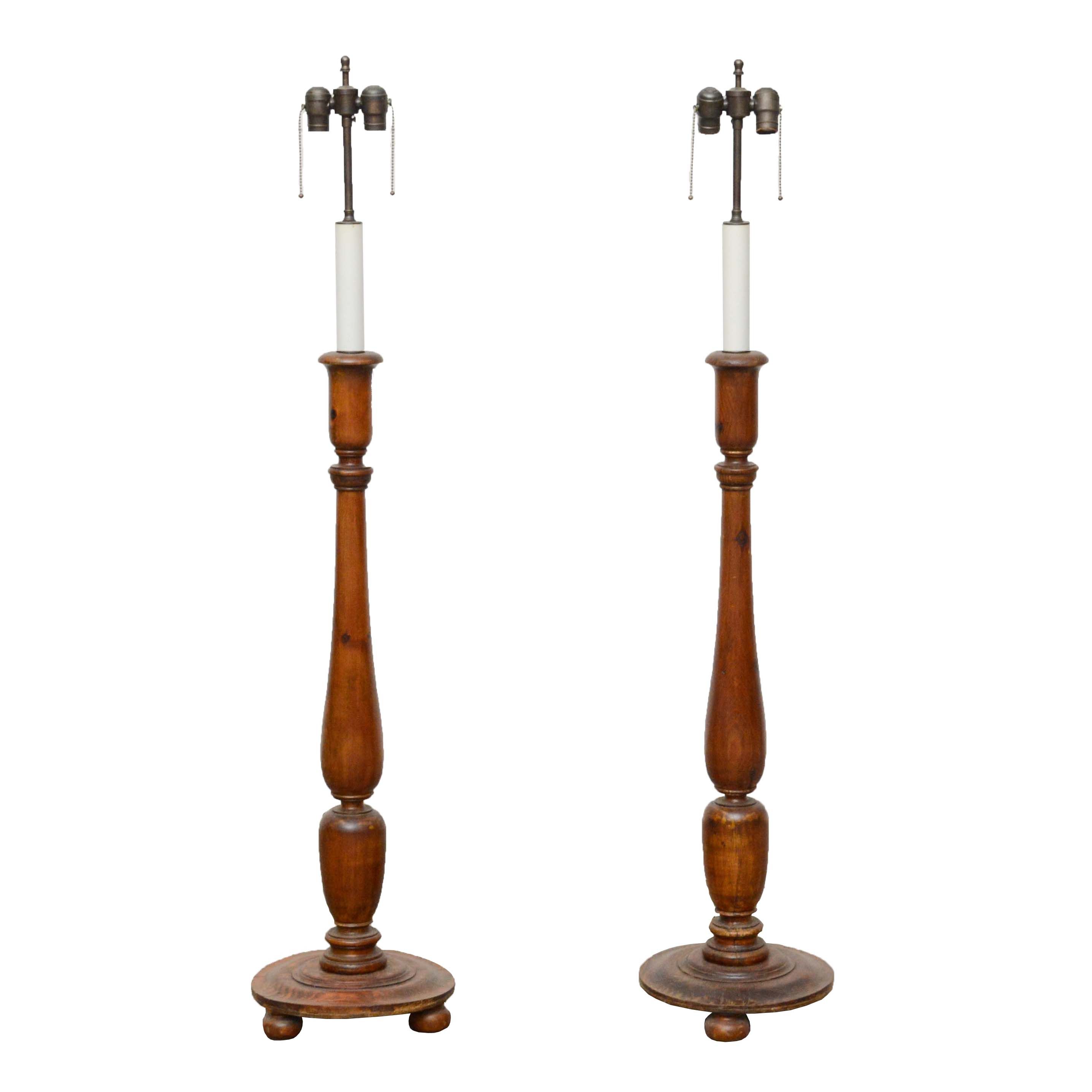 Antique Turned Mahogany Candle Stand Floor Lamps with Dual Lights