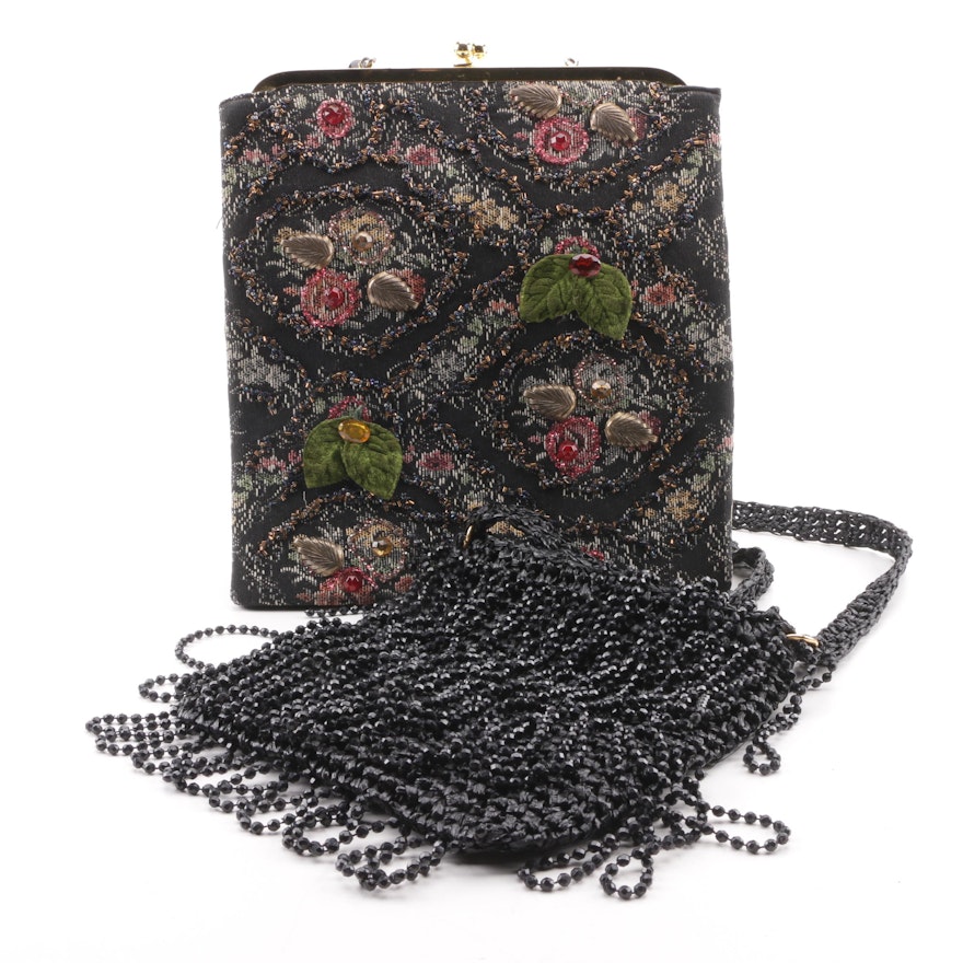 Vintage Embellished Floral Carpet Bag and Woven Shoulder Bag with Beaded Fringe