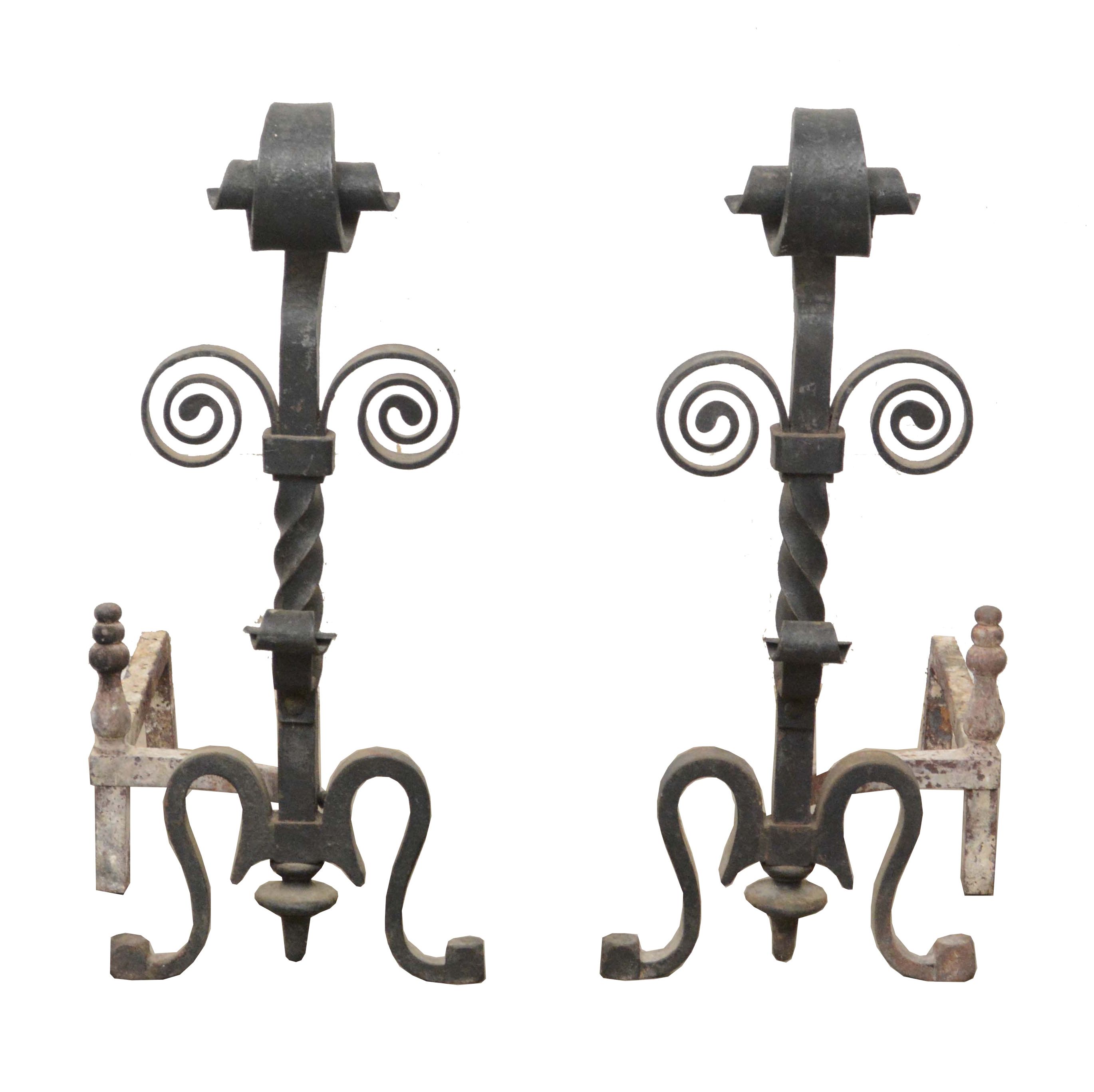 Wrought Iron Andirons with Scrollwork, Late 19th to Early 20th Century