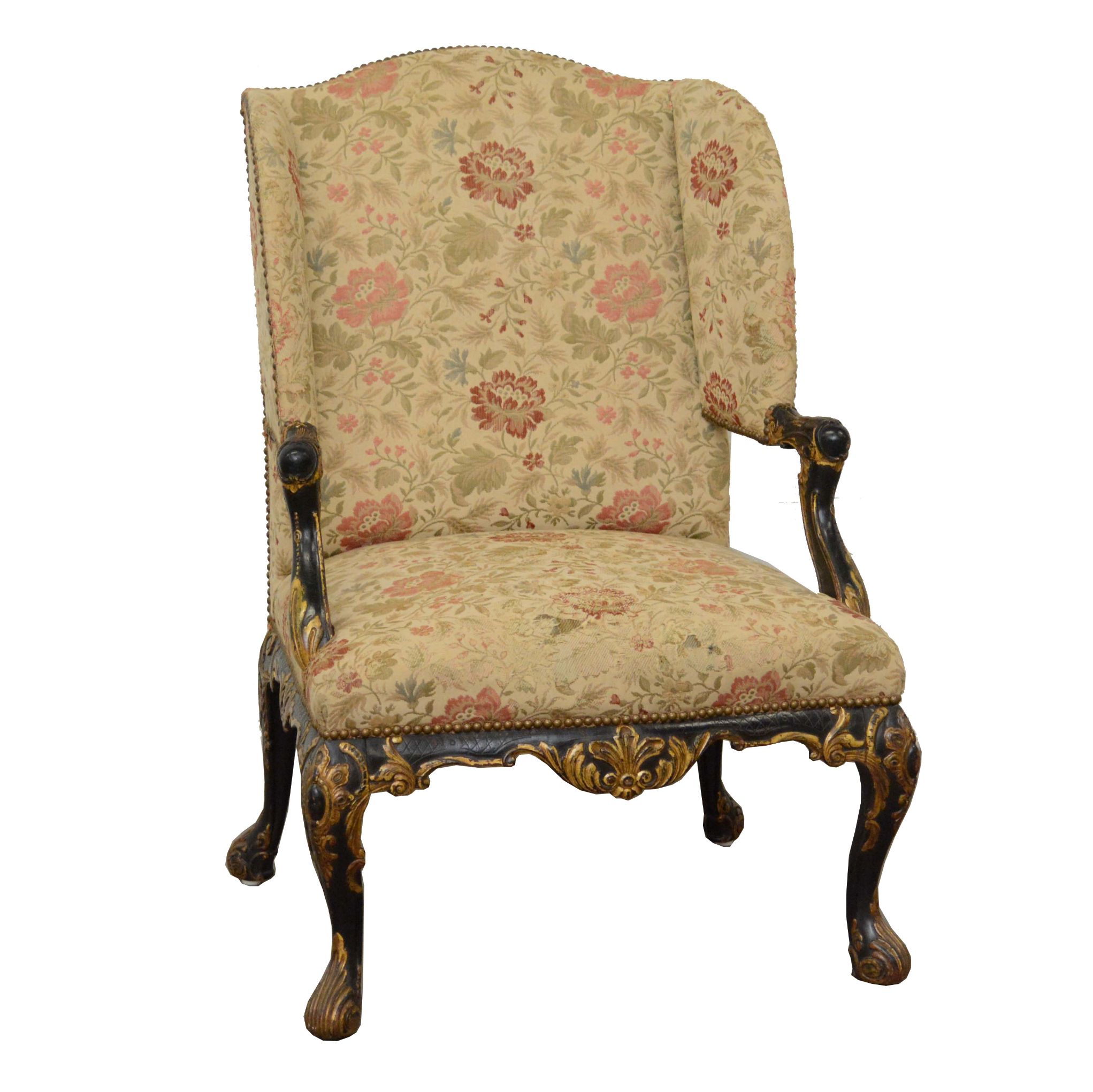 George II Style Ebonized and Parcel-Gilt Wingback Armchair, 20th Century