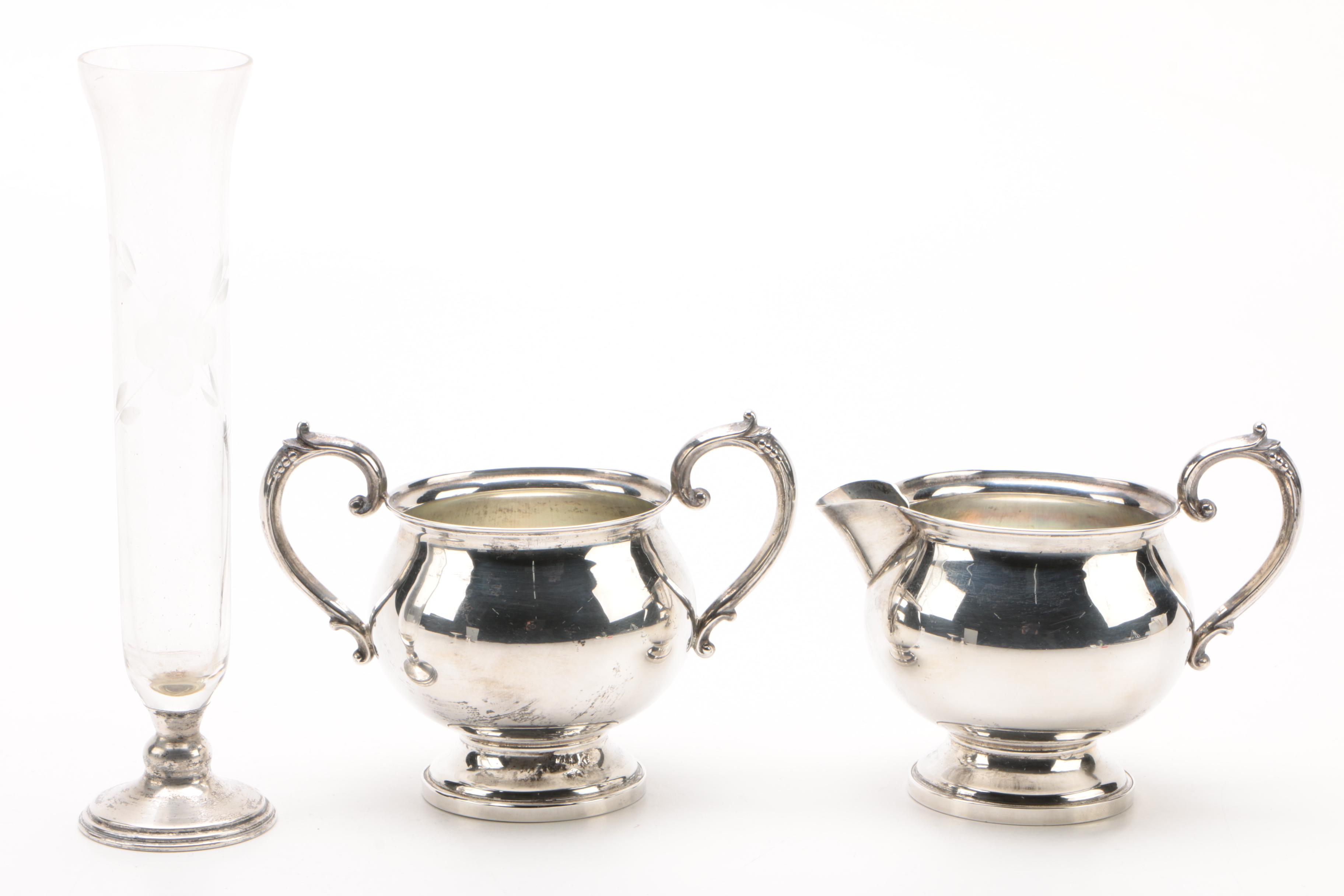 Fisher Silversmiths Creamer and Sugar Set with Other Weighted Sterling Tableware