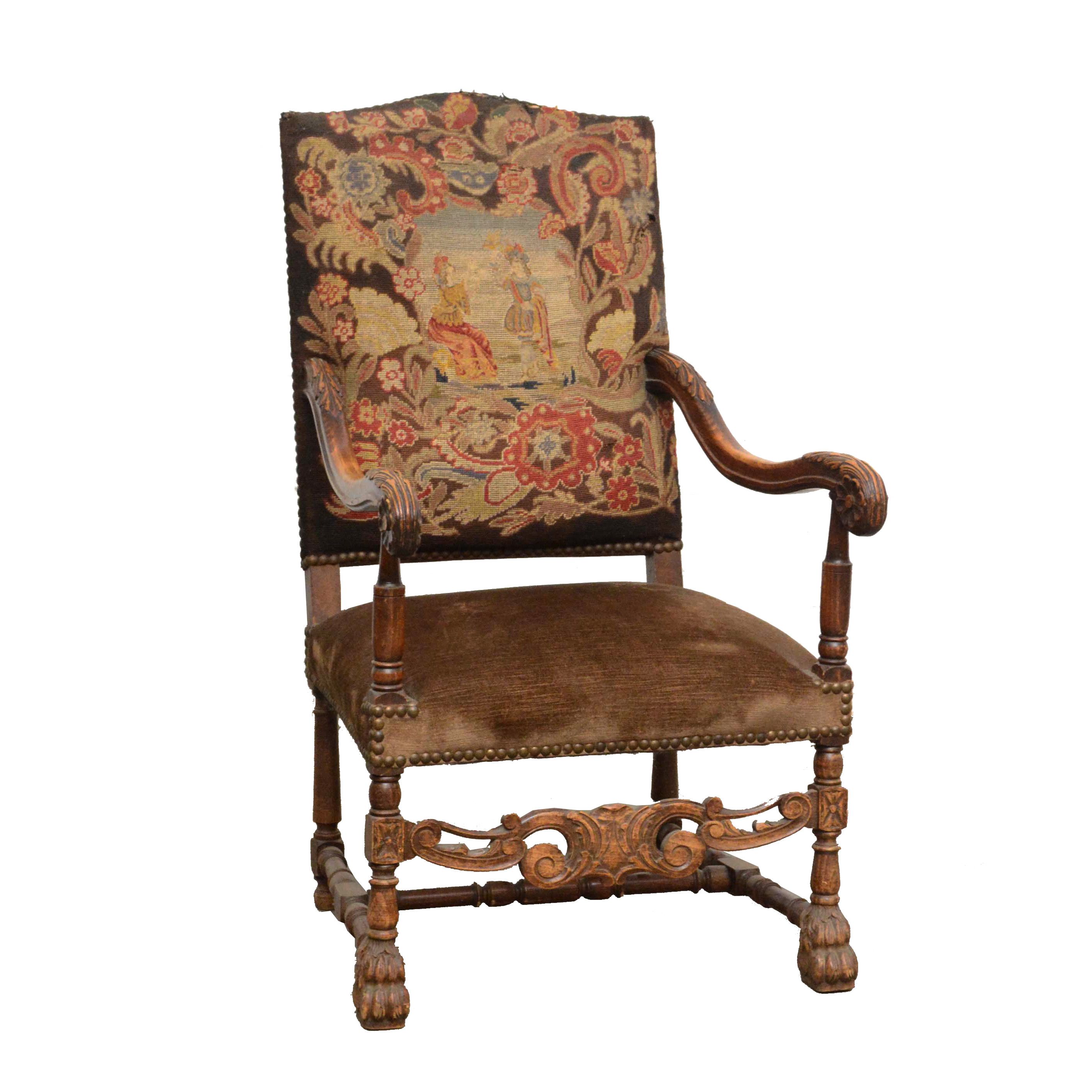 Louis XIII Style Needlepoint Upholstered Armchair, Early 20th Century